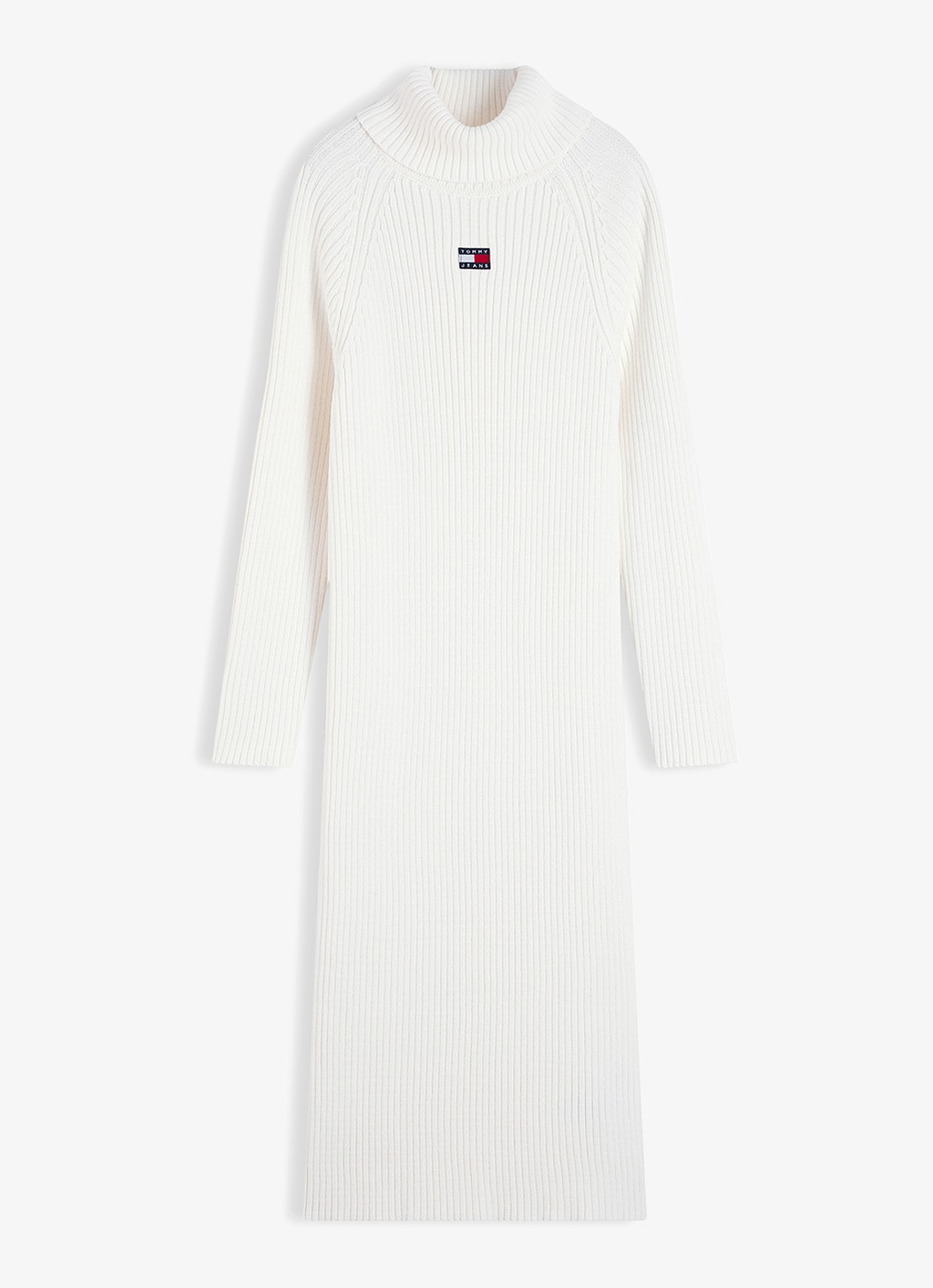 Tommy Hilfiger Grofgebreide midi jurk met logo en col  - voorkant 4 gebroken wit