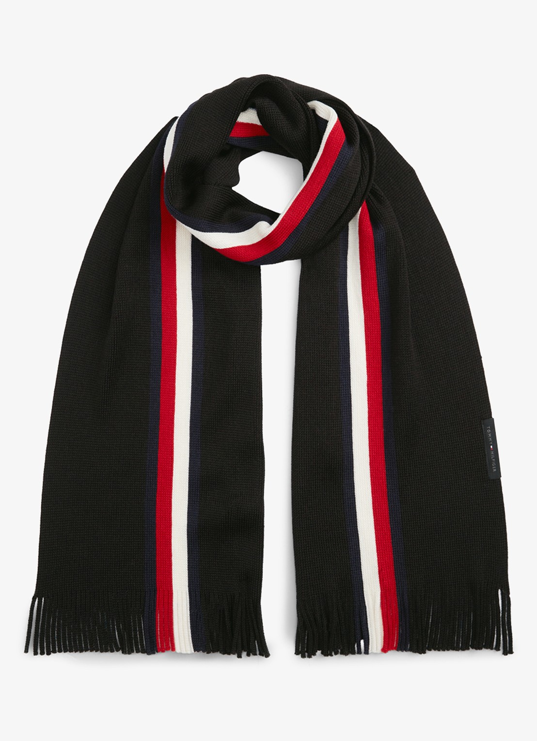 Tommy Hilfiger Grofgebreide sjaal in wolblend met streepprint - voorkant diepzwart