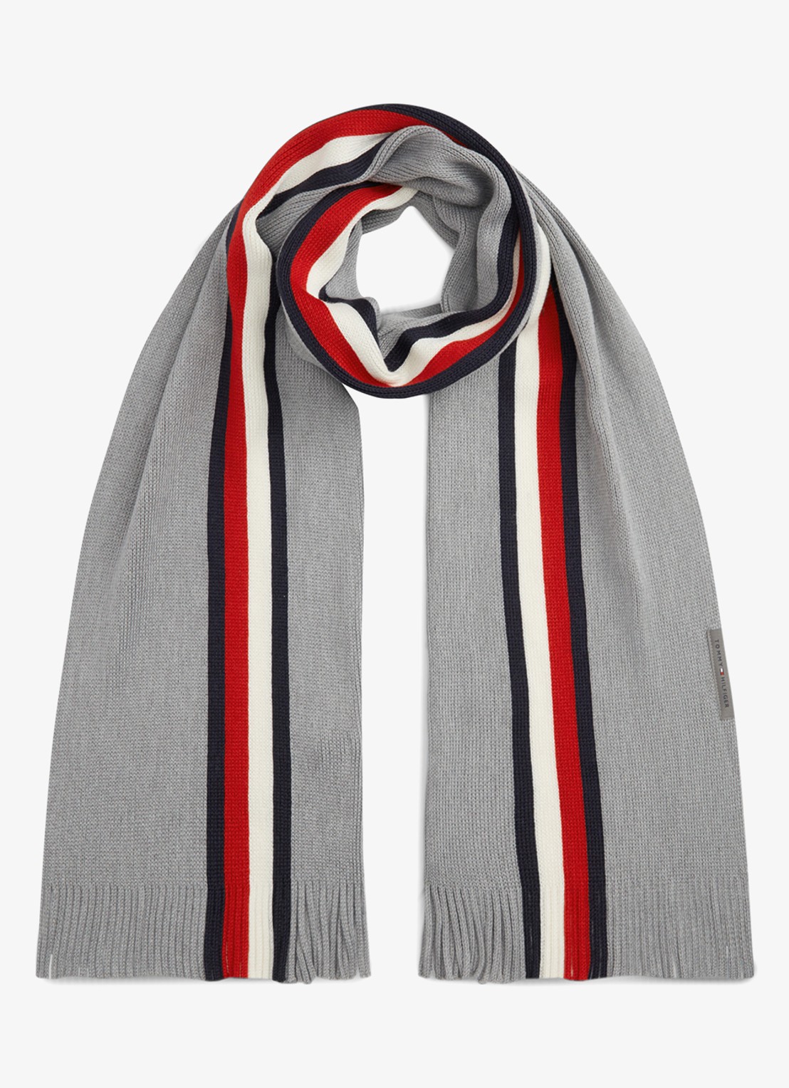 Tommy Hilfiger Grofgebreide sjaal in wolblend met streepprint - voorkant 3 middengrijs