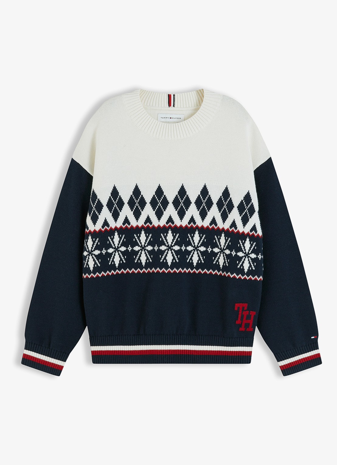 Tommy Hilfiger Grofgebreide trui met grafische print - voorkant wit