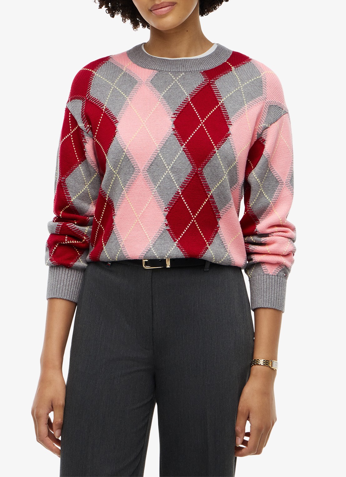 Tommy Hilfiger Grofgebreide trui met ruit dessin - detail roze