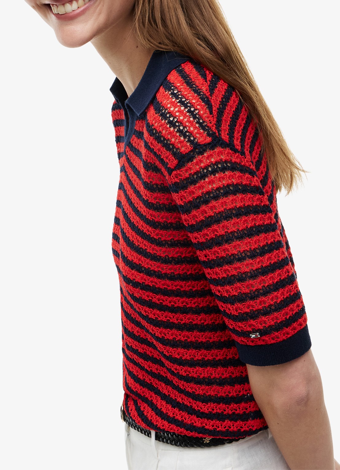 Tommy Hilfiger Grofgebreide trui met streepprint - detail 5 rood
