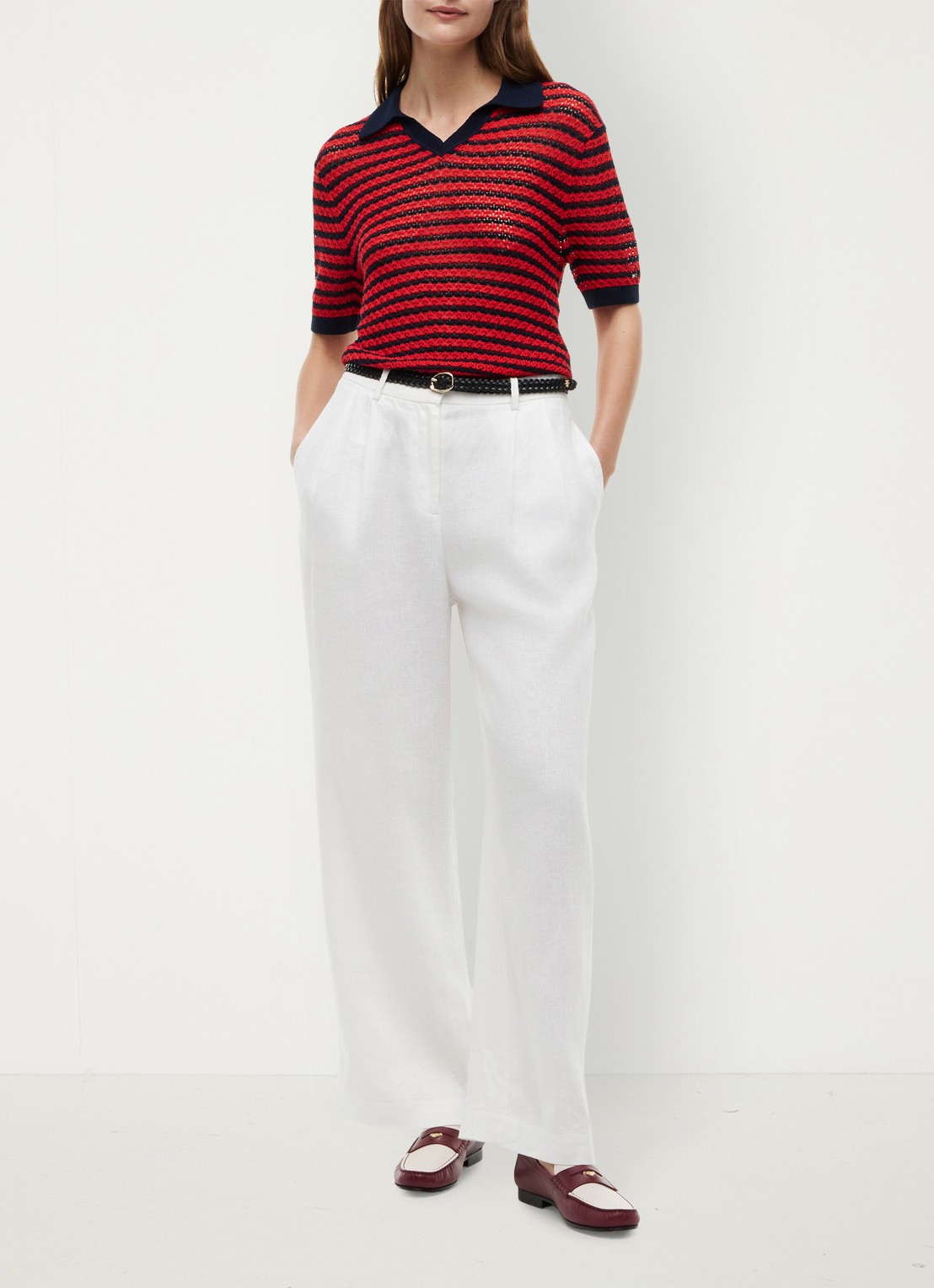 Tommy Hilfiger Grofgebreide trui met streepprint - voorkant 3 rood