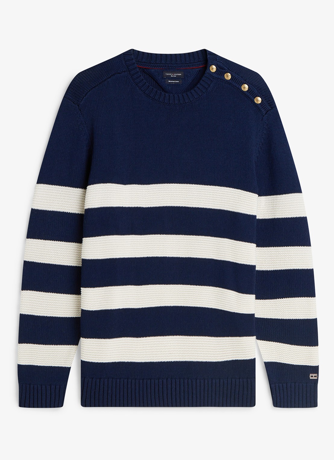 Tommy Hilfiger Grofgebreide trui met streepprint - voorkant donkerblauw