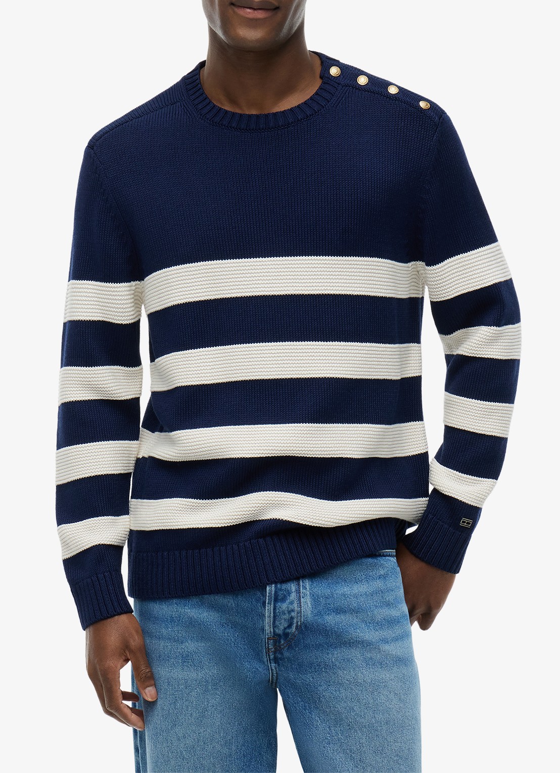 Tommy Hilfiger Grofgebreide trui met streepprint - detail 3 donkerblauw