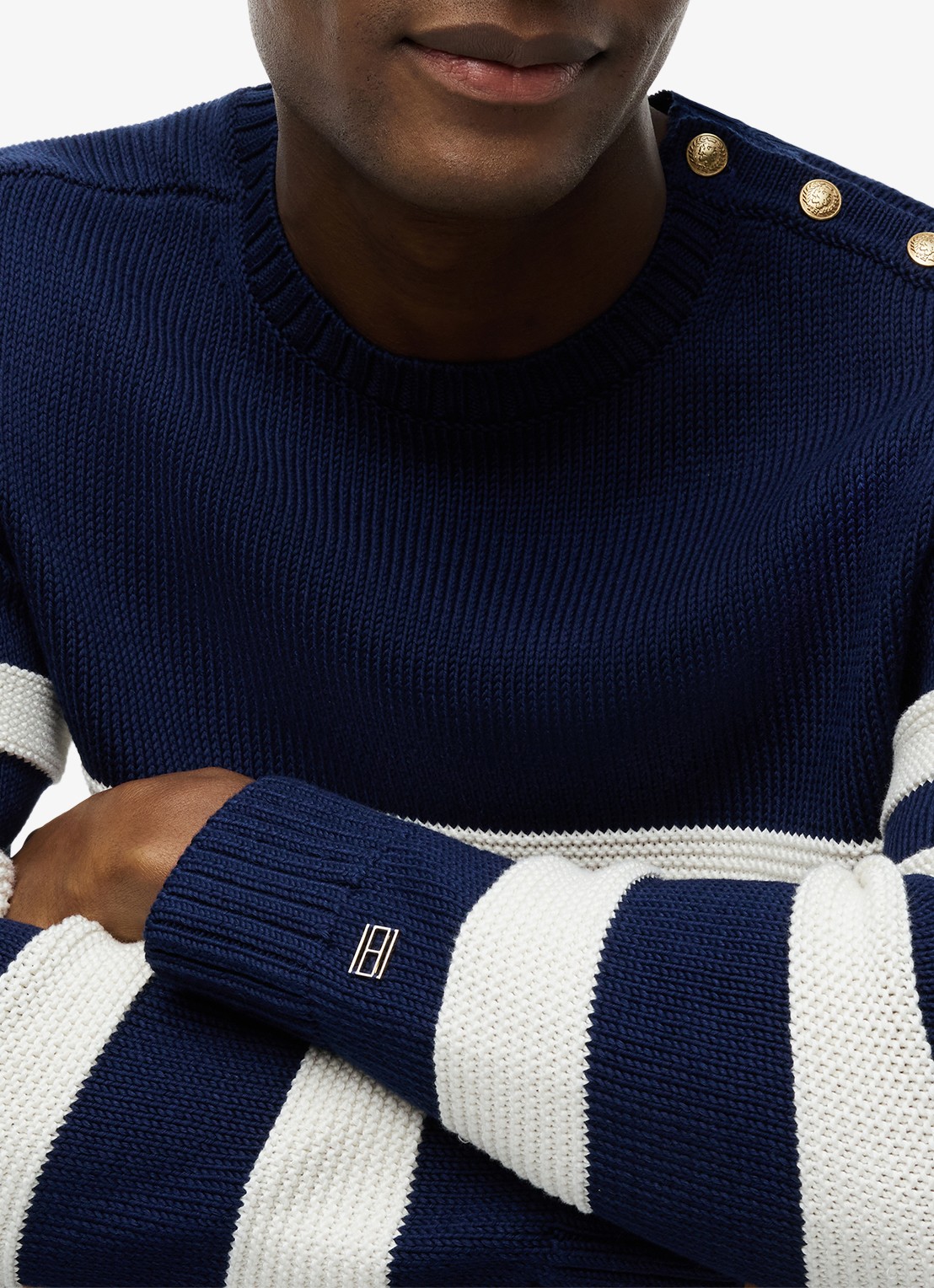 Tommy Hilfiger Grofgebreide trui met streepprint - detail 4 donkerblauw