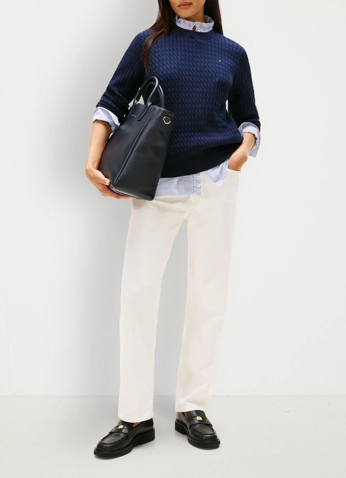 Tommy Hilfiger Grofgebreide trui met structuur - voorkant 5 donkerblauw