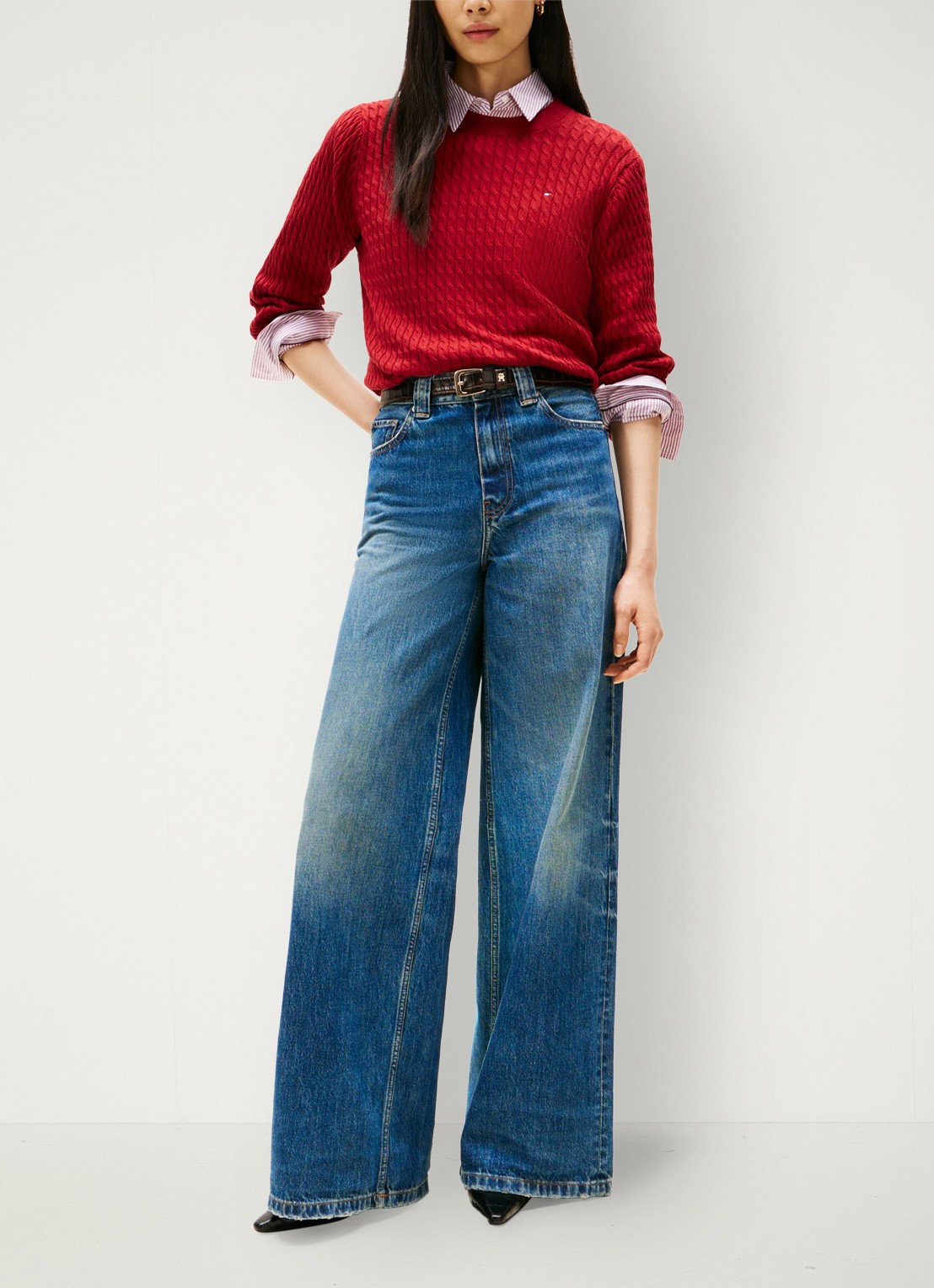 Tommy Hilfiger Grofgebreide trui met structuur - voorkant 3 cranberryrood