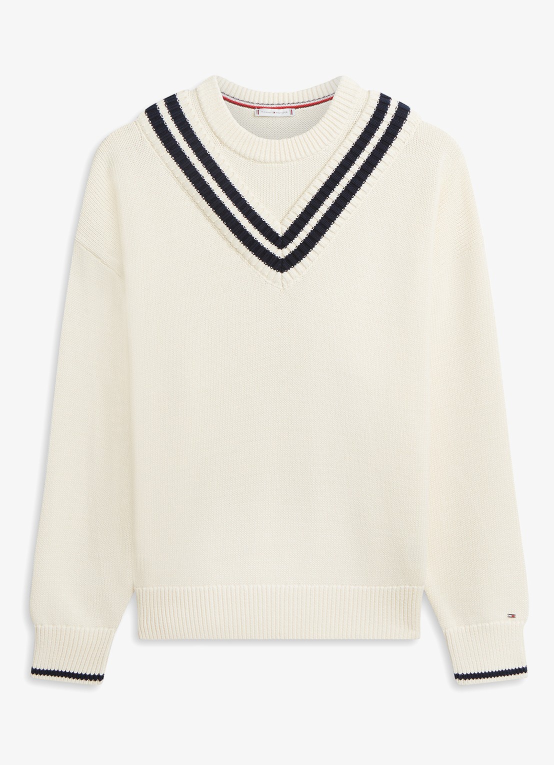 Tommy Hilfiger Grofgebreide trui met v-hals - voorkant 2 beige