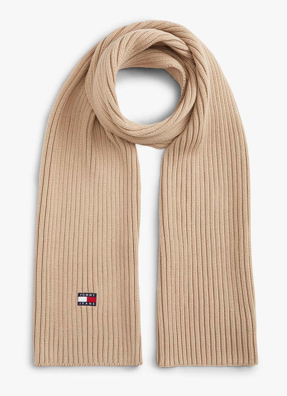 Tommy Hilfiger Heritage ribgebreide sjaal met logo  - voorkant zand