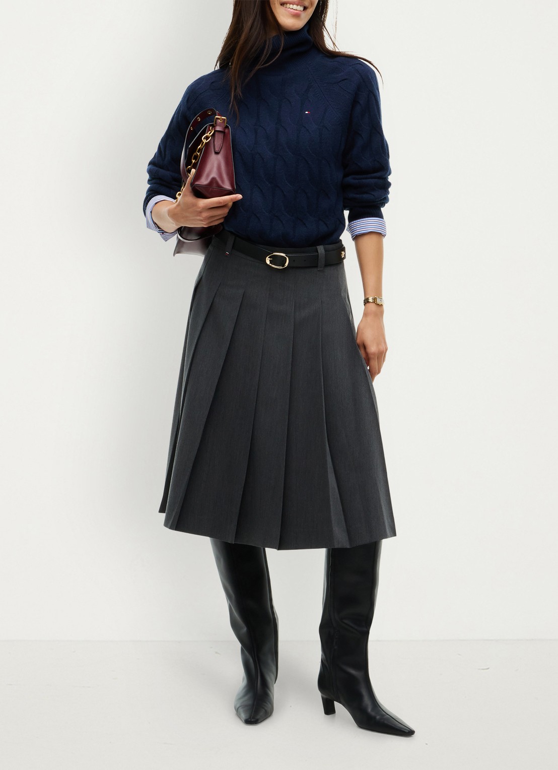 Tommy Hilfiger High waist midi A-lijn rok met plooien - voorkant 7 grijs
