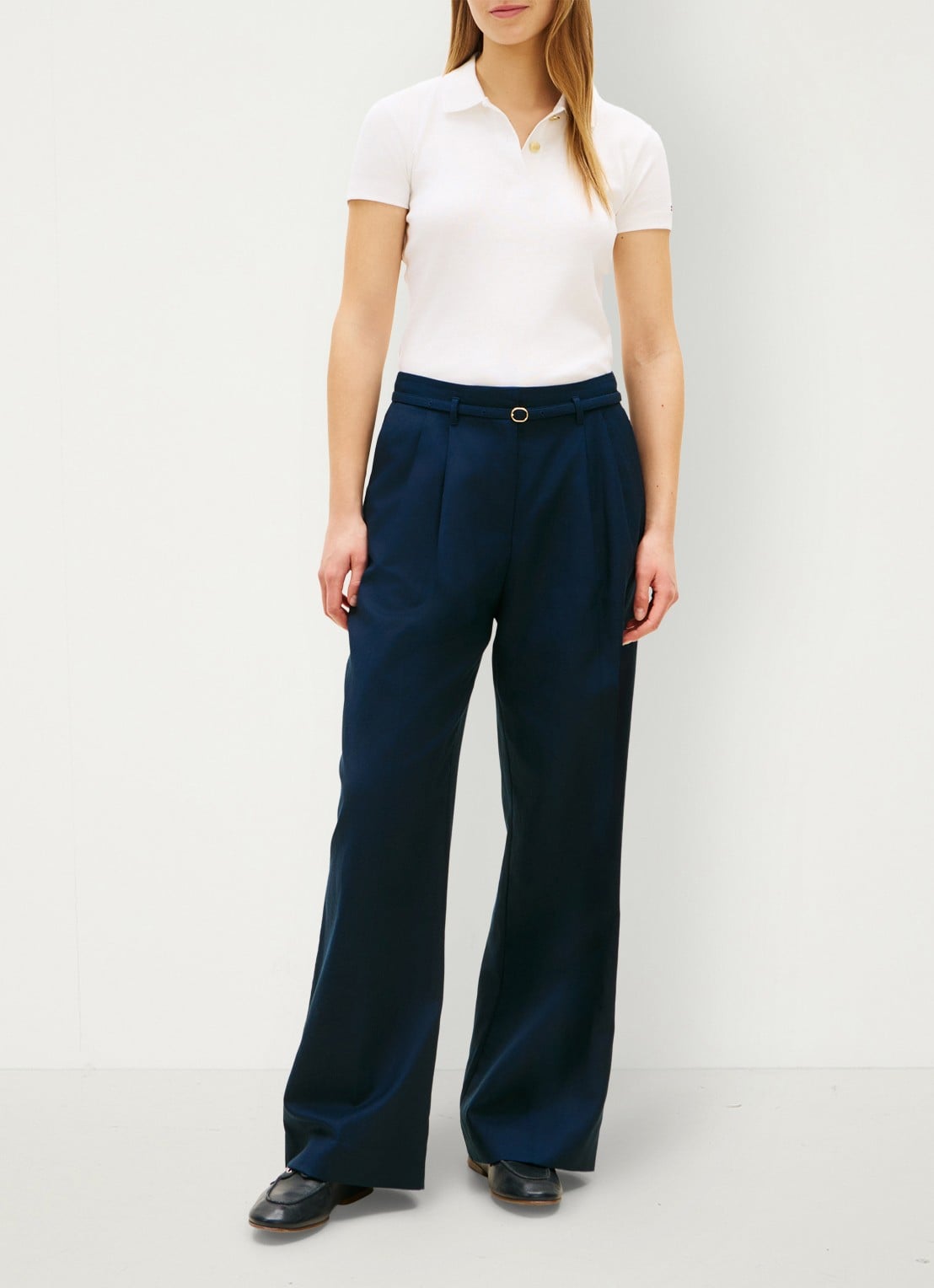 Tommy Hilfiger High waist wide fit pantalon met ceintuur - voorkant 3 donkerblauw