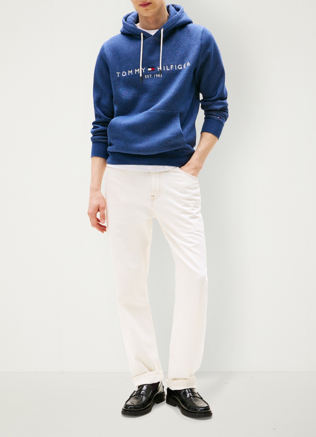 Tommy Hilfiger Hoodie met kangoeroezak en logoborduring - voorkant 2 aegean sea heather / blauw