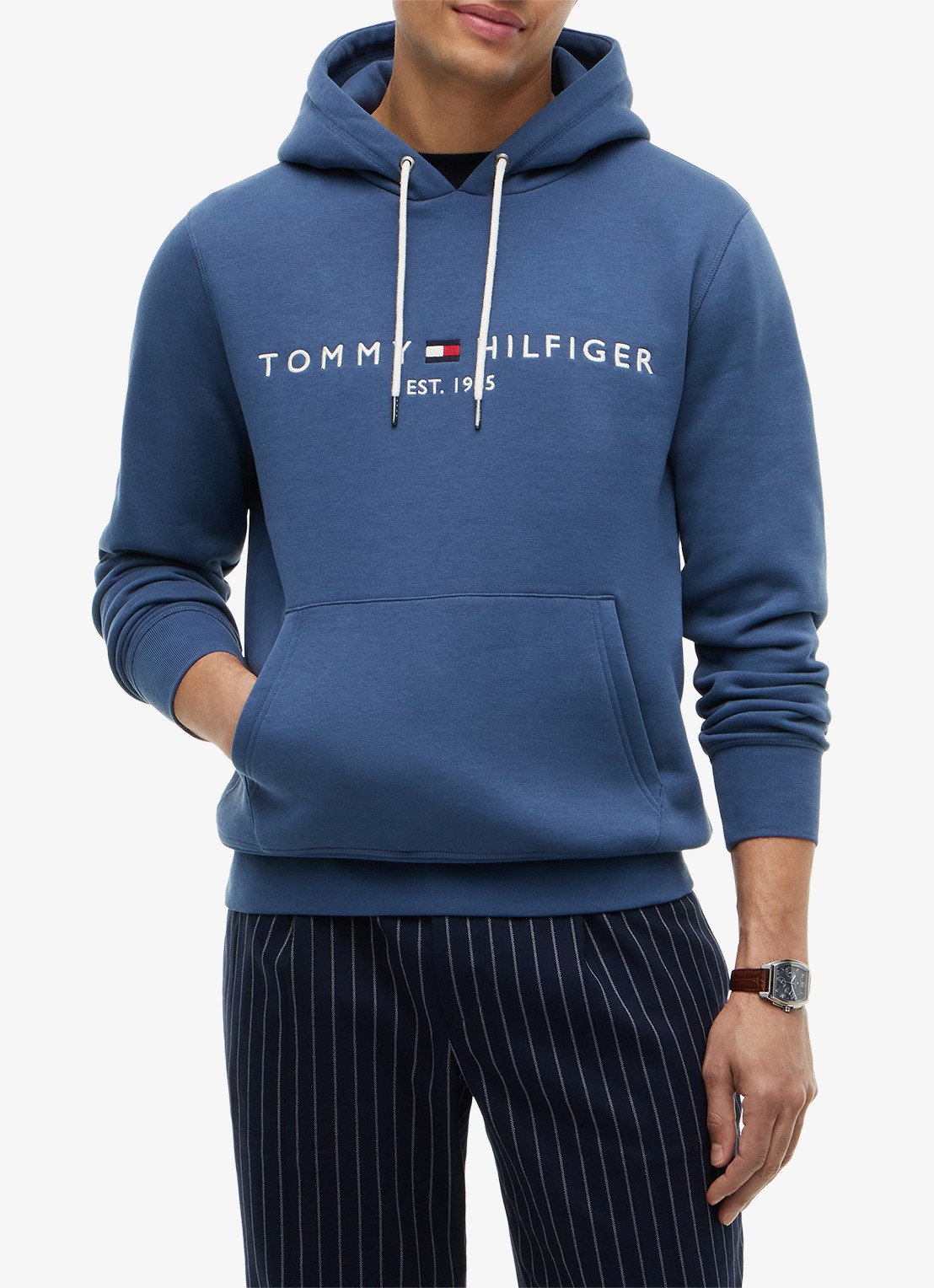 Tommy Hilfiger Hoodie met kangoeroezak en logoborduring - detail aegean sea-dbz