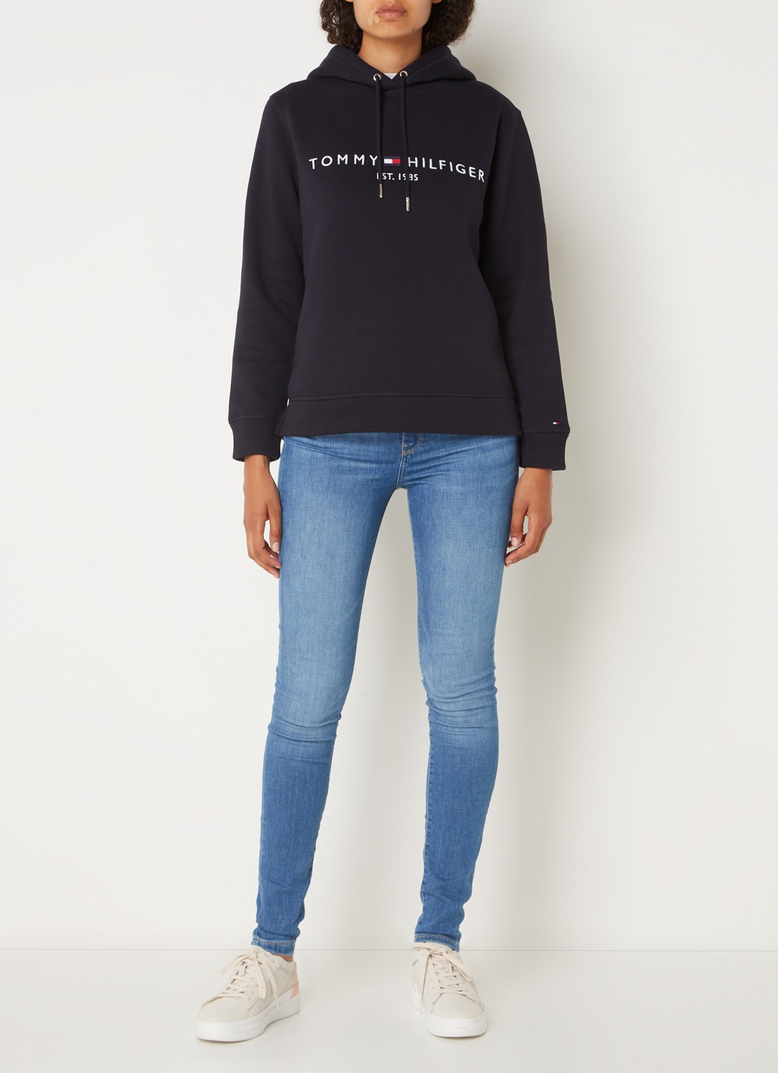 Tommy Hilfiger Hoodie van fleece met logoborduring - voorkant 2 donkerblauw