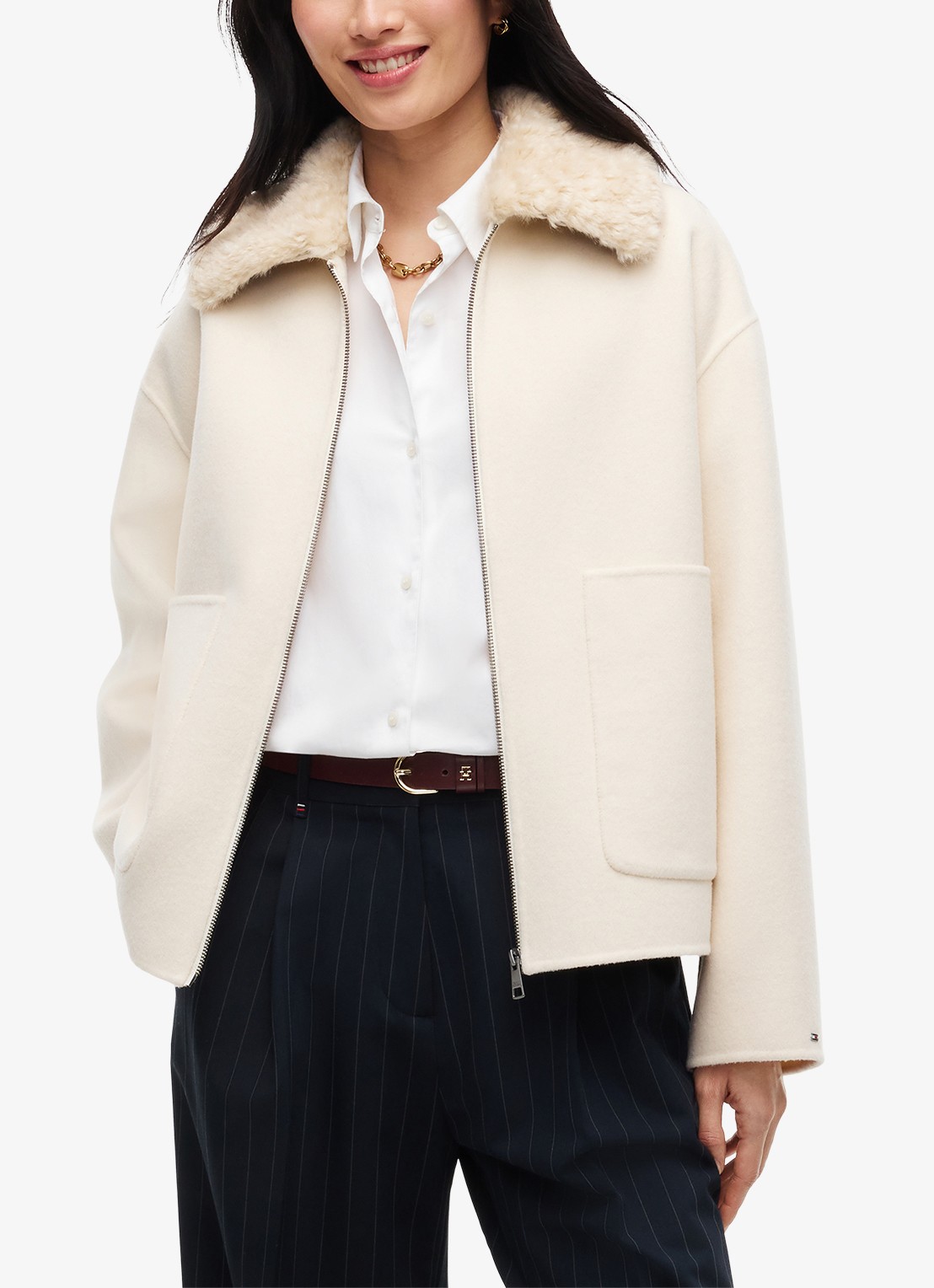 Tommy Hilfiger Jas in wolblend met opgestikte zakken  - detail creme