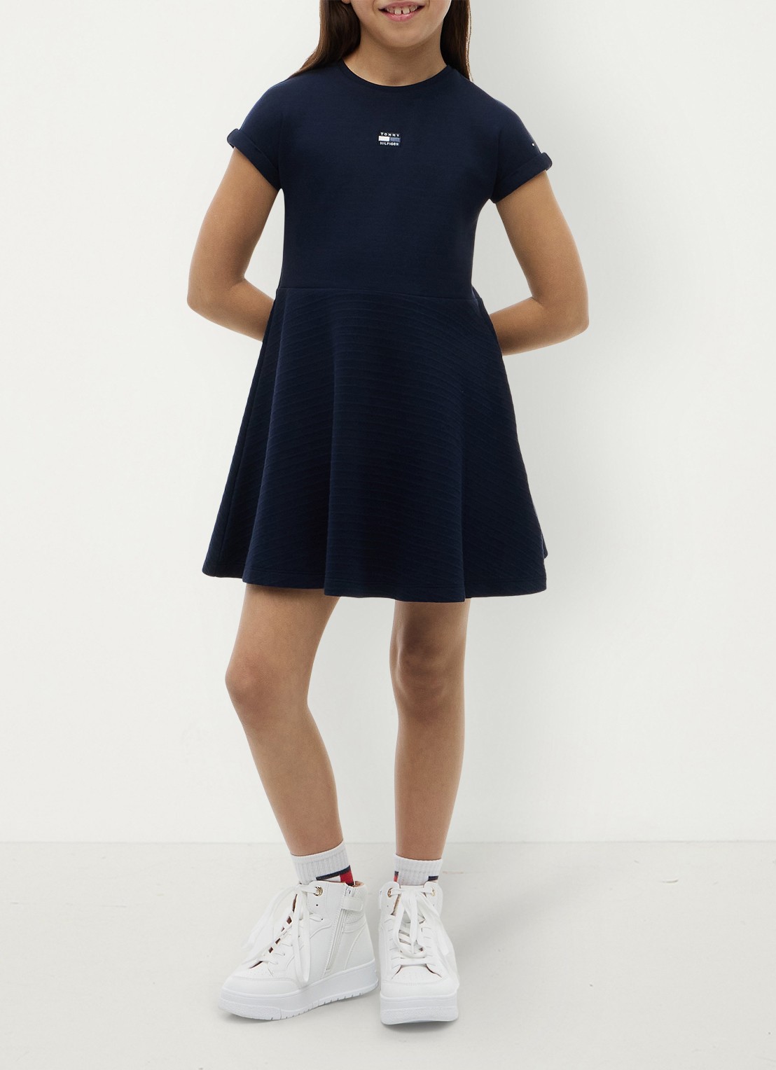 Tommy Hilfiger Jurk met logoborduring - voorkant donkerblauw