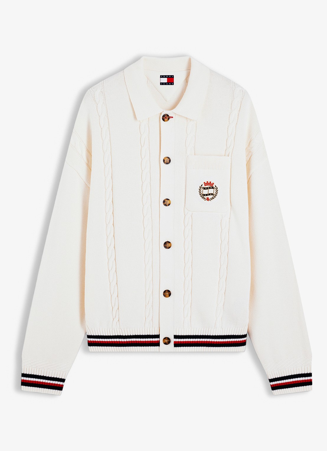 Tommy Hilfiger Kabelgebreid vest met borstzak - voorkant 4 gebroken wit