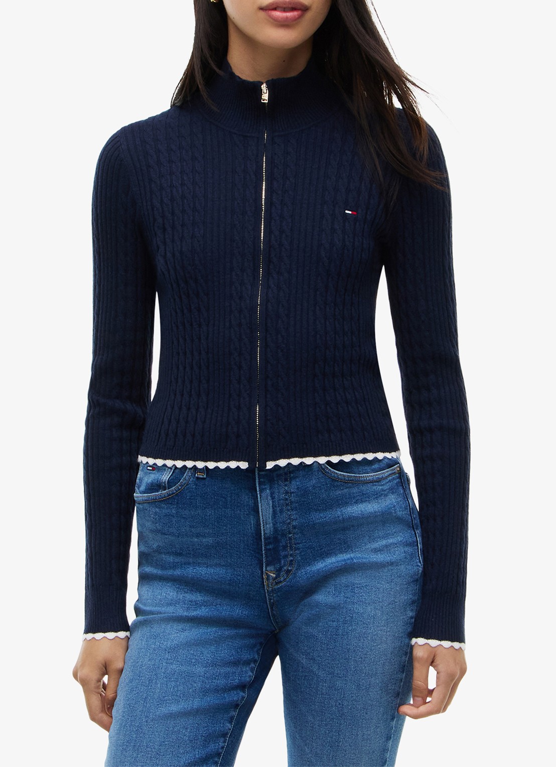 Tommy Hilfiger Kabelgebreid vest met logo  - detail donkerblauw