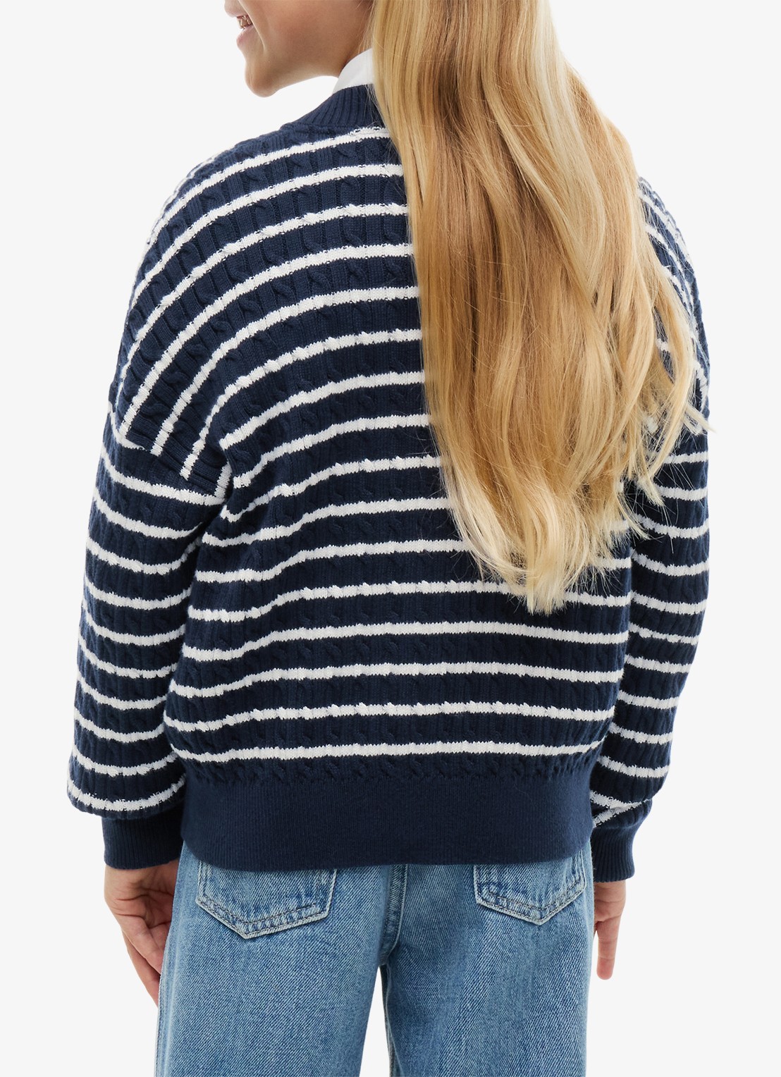 Tommy Hilfiger Kabelgebreid vest met streepprint - achterkant 3 donkerblauw