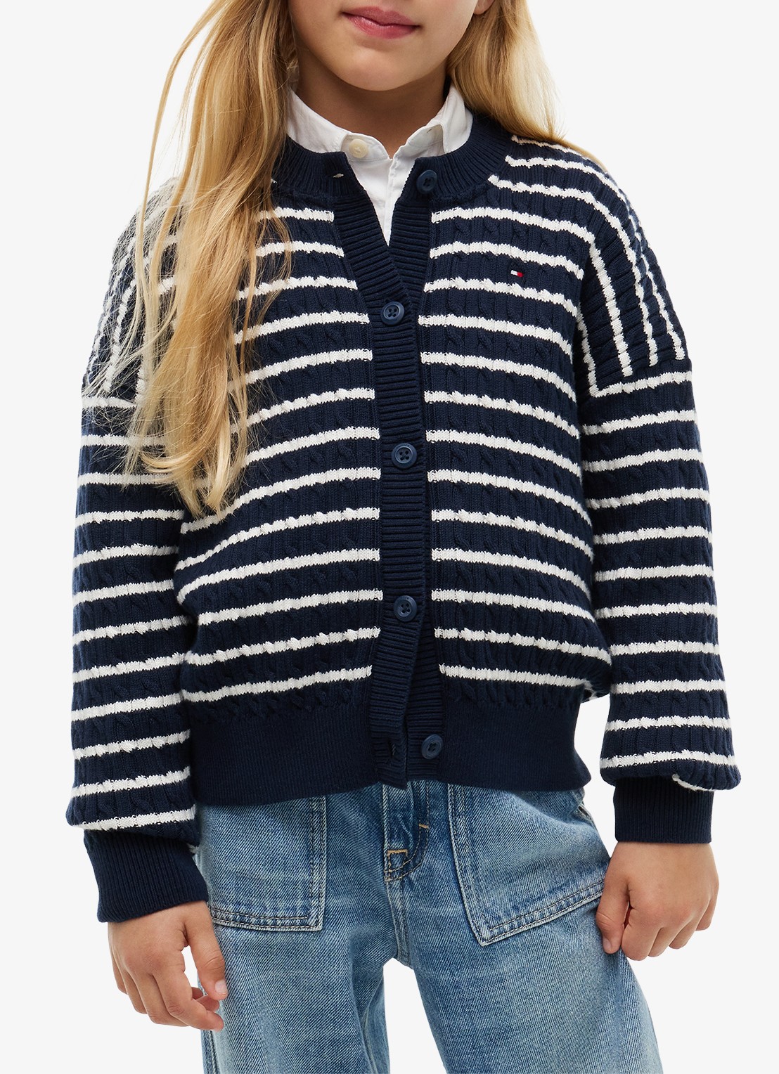 Tommy Hilfiger Kabelgebreid vest met streepprint - detail donkerblauw
