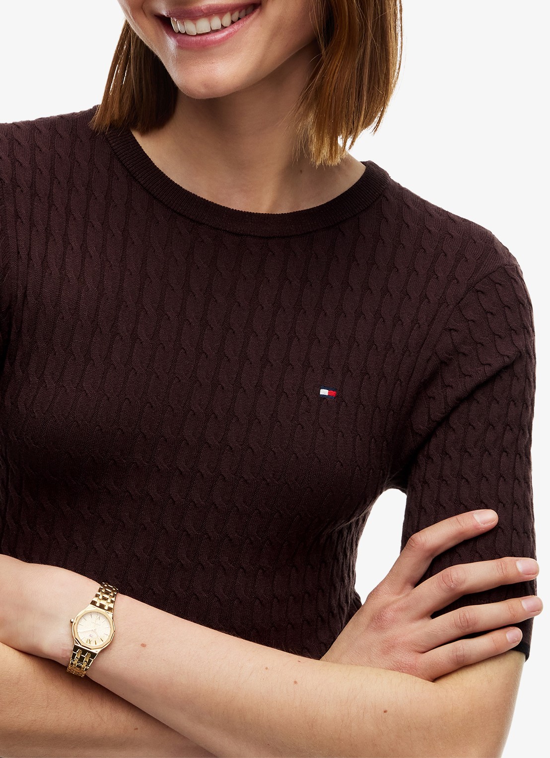 Tommy Hilfiger Kabelgebreide midi jurk met plooien  - detail 4 chocoladebruin