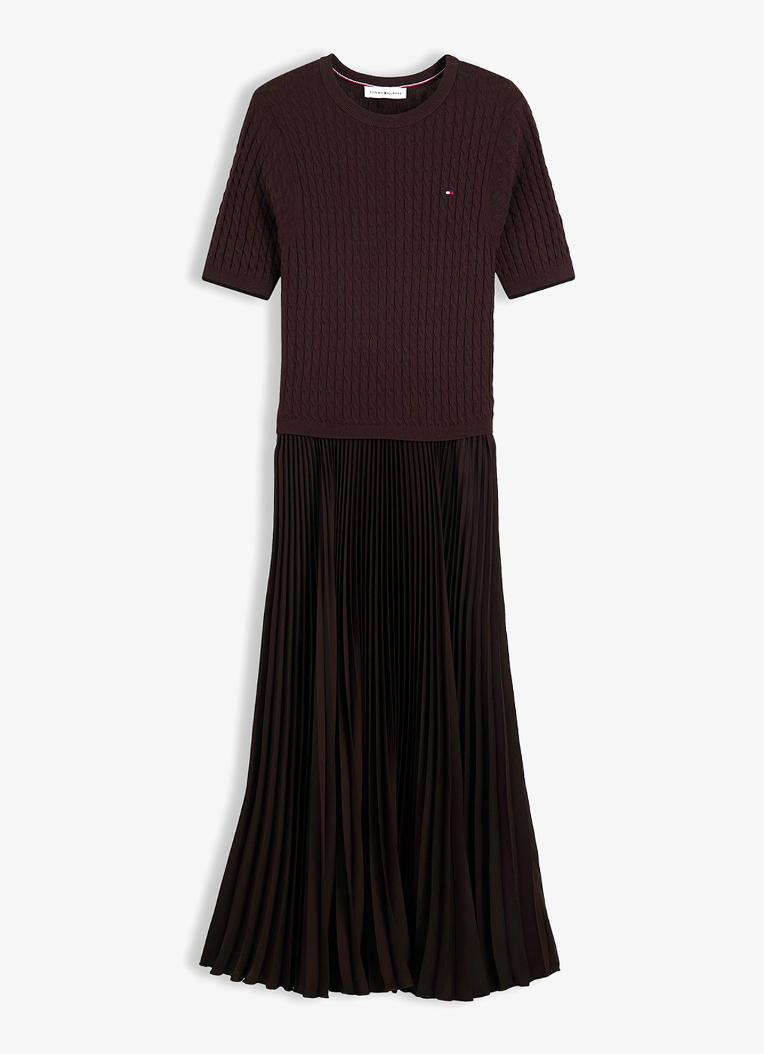 Tommy Hilfiger Kabelgebreide midi jurk met plooien  - voorkant 2 chocoladebruin