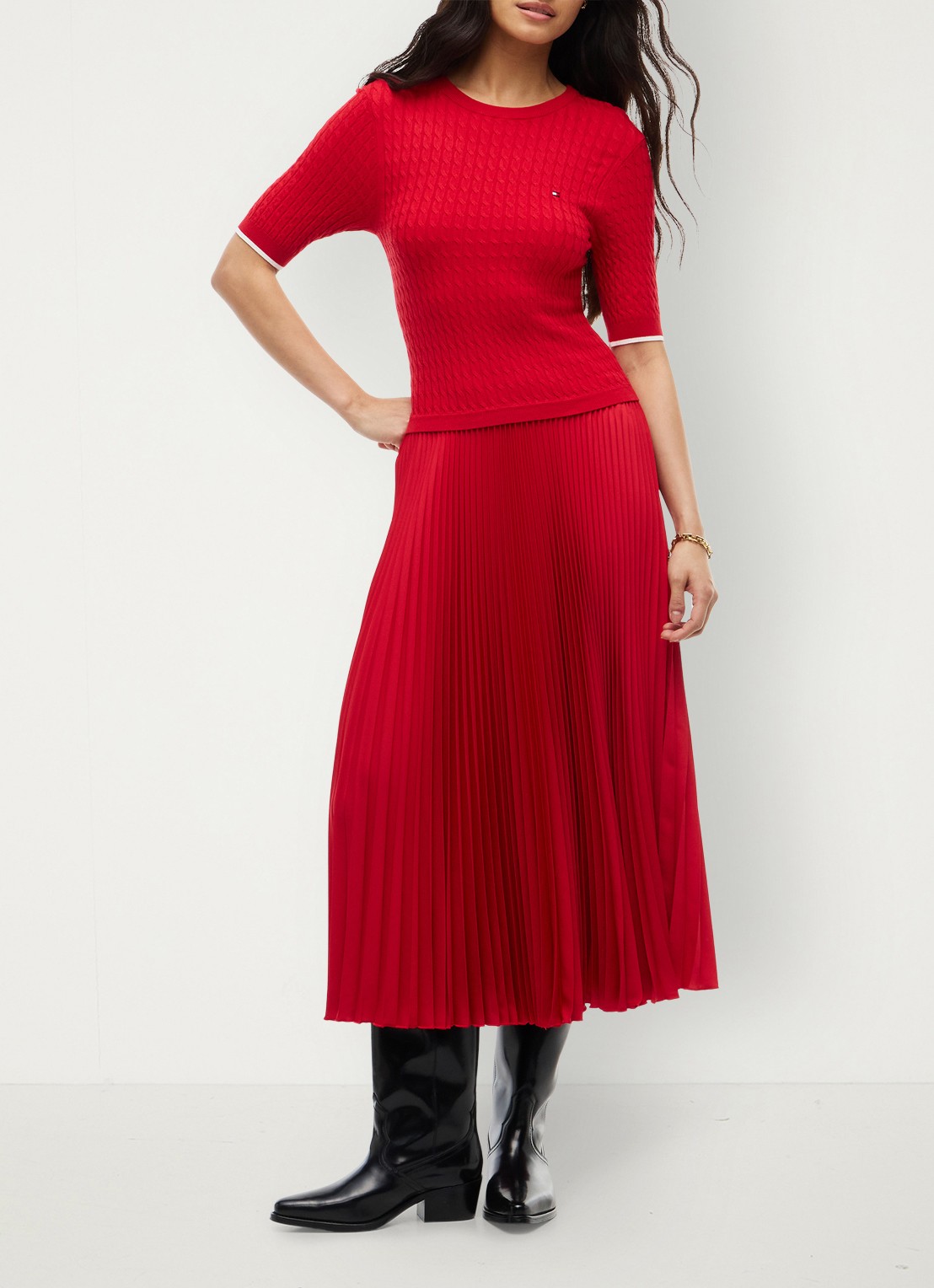 Tommy Hilfiger Kabelgebreide midi jurk met plooien  - voorkant 5 rood