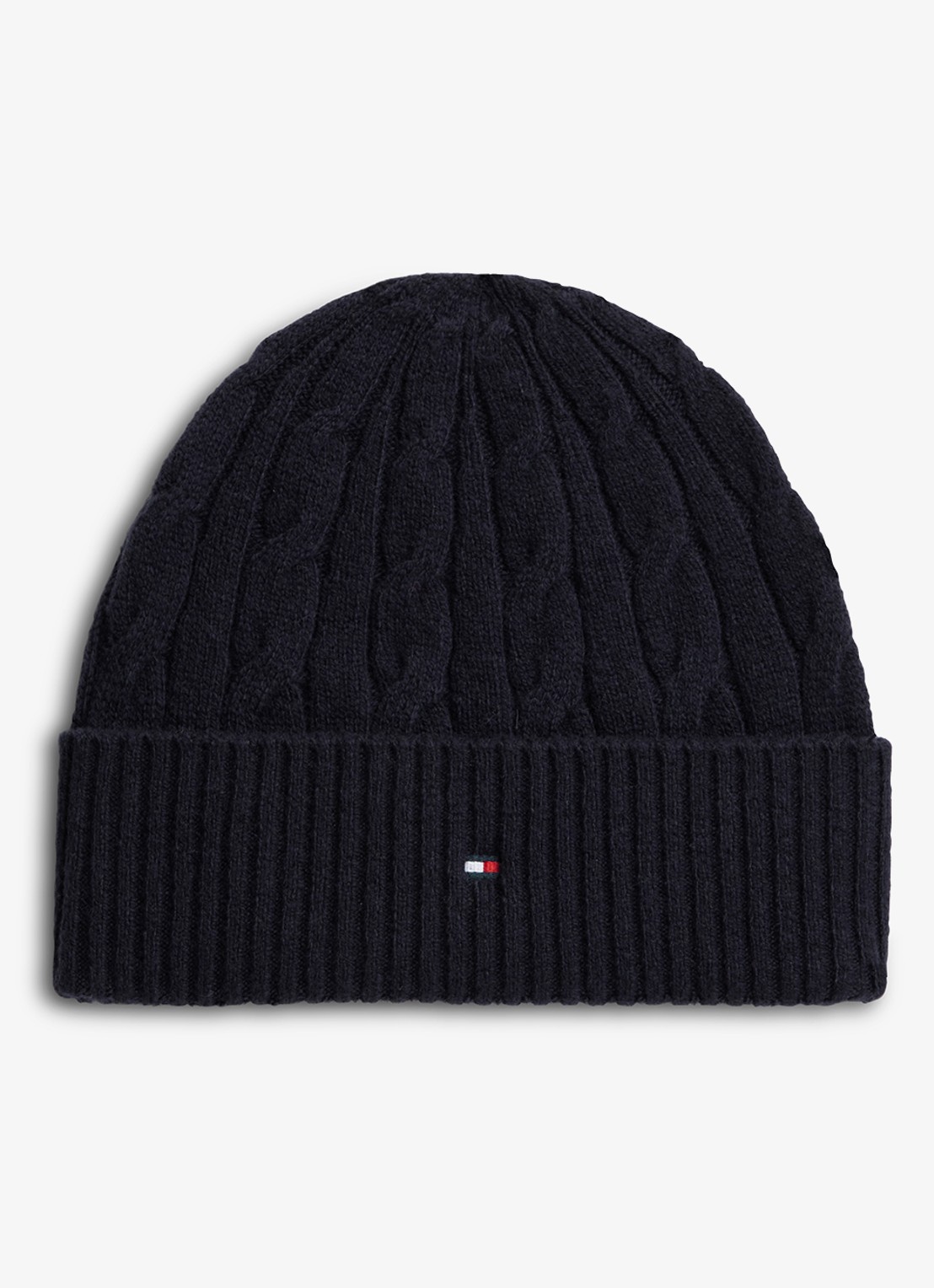 Tommy Hilfiger Kabelgebreide muts van wol  - voorkant donkerblauw