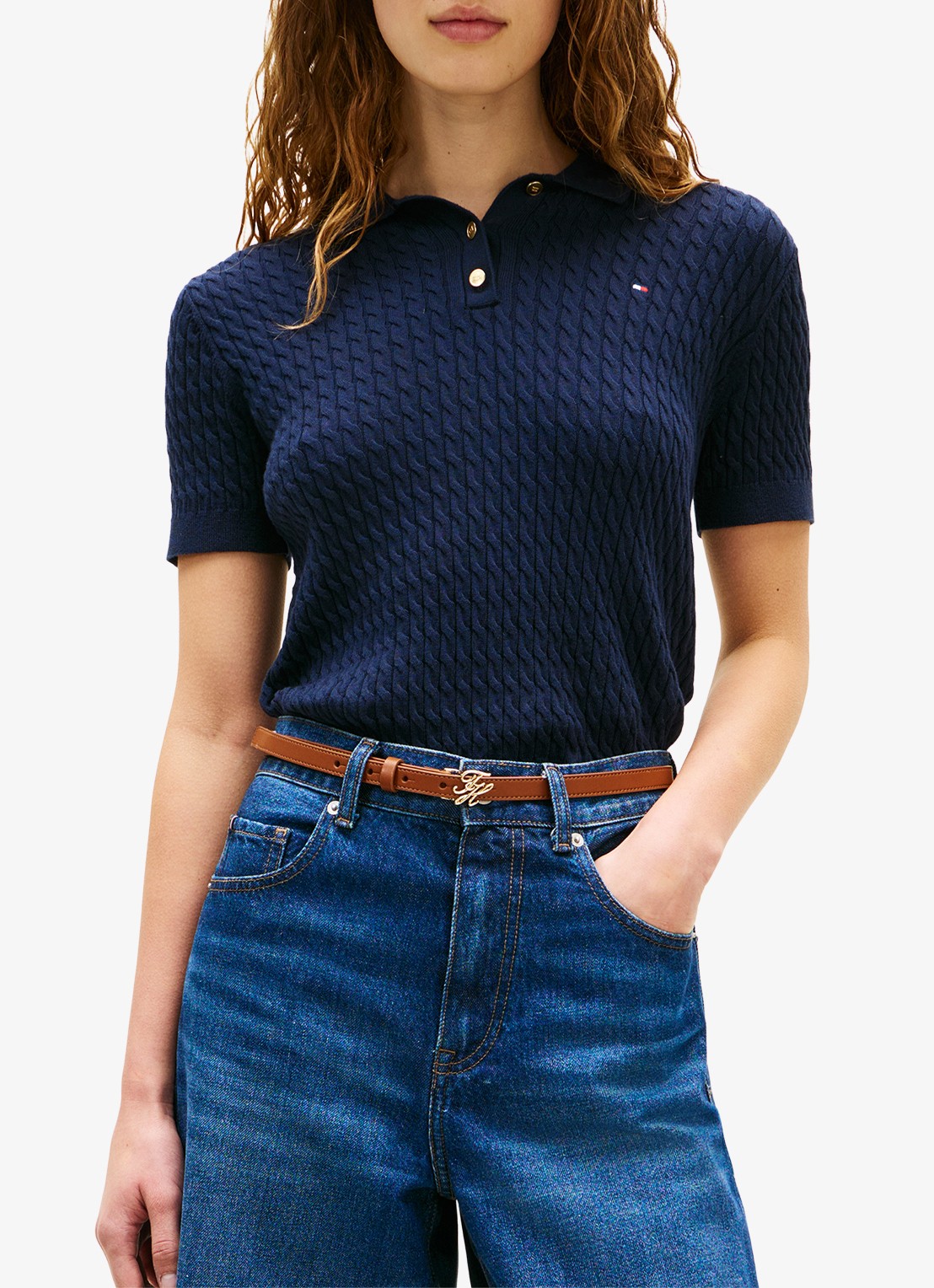 Tommy Hilfiger Kabelgebreide polo met logoborduring - detail 4 donkerblauw