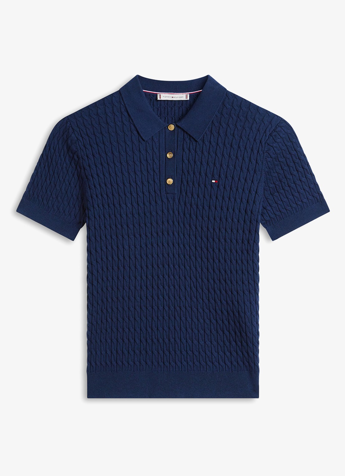 Tommy Hilfiger Kabelgebreide polo met logoborduring - voorkant 2 donkerblauw