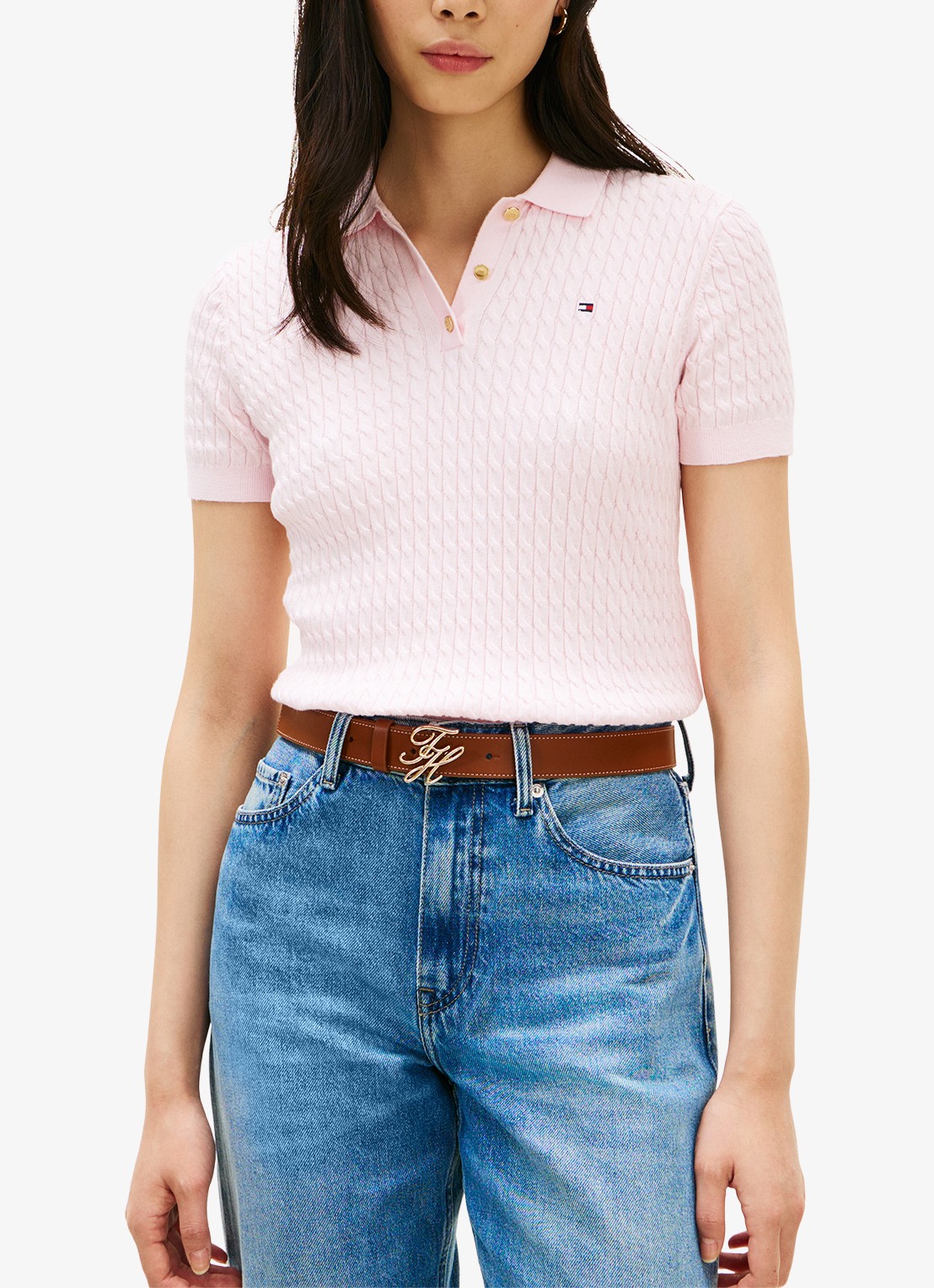 Tommy Hilfiger Kabelgebreide polo met logoborduring - detail 3 lichtroze