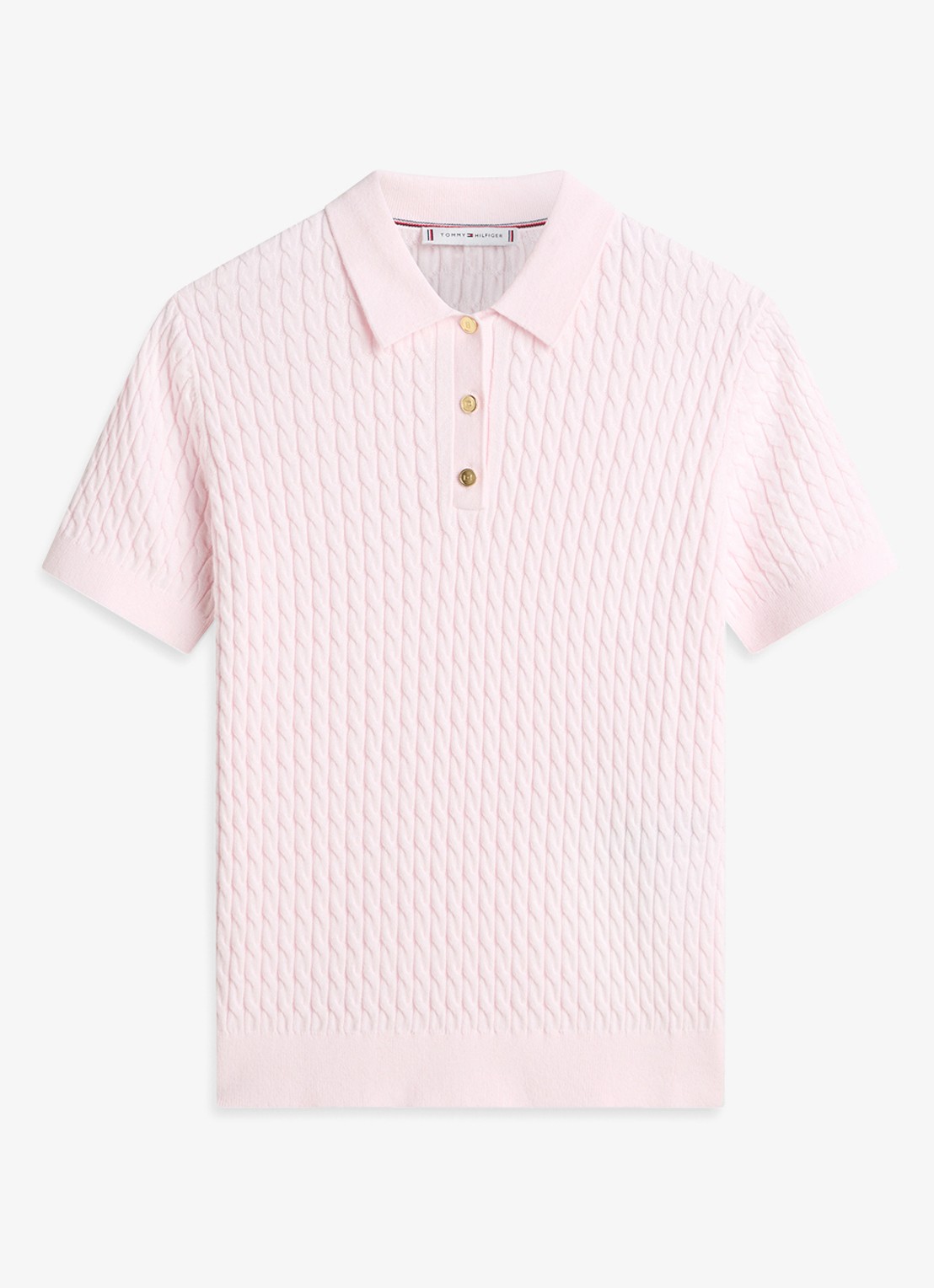 Tommy Hilfiger Kabelgebreide polo met logoborduring - voorkant lichtroze