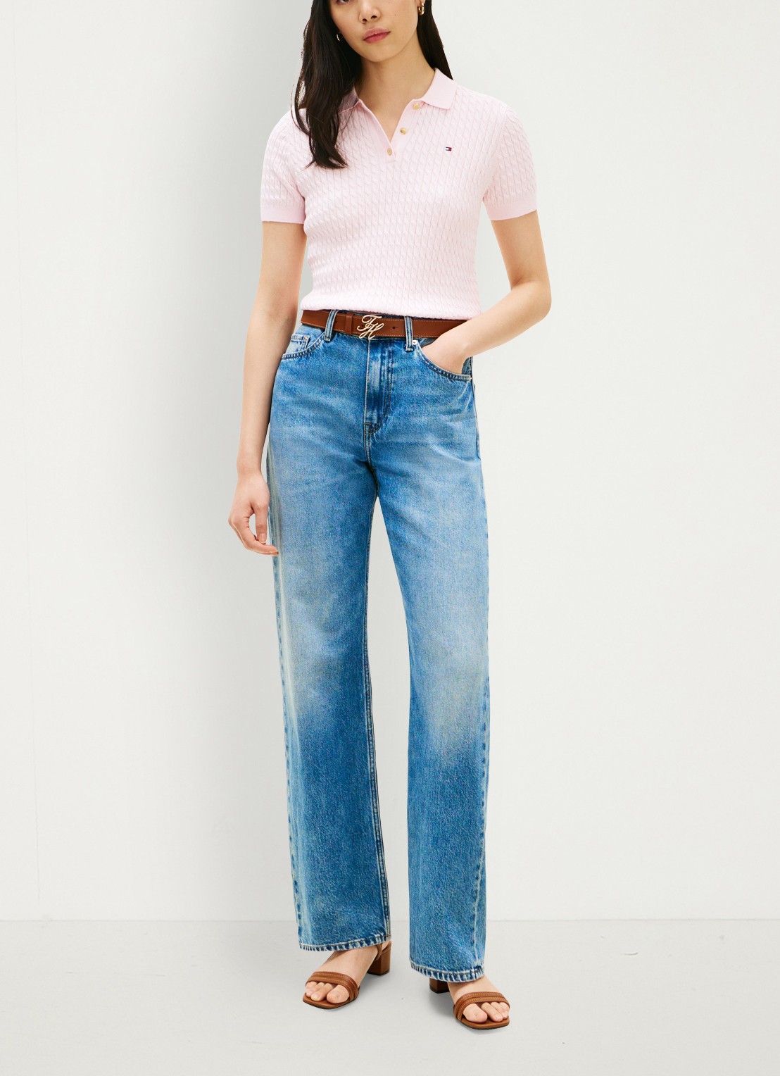 Tommy Hilfiger Kabelgebreide polo met logoborduring - voorkant 2 lichtroze
