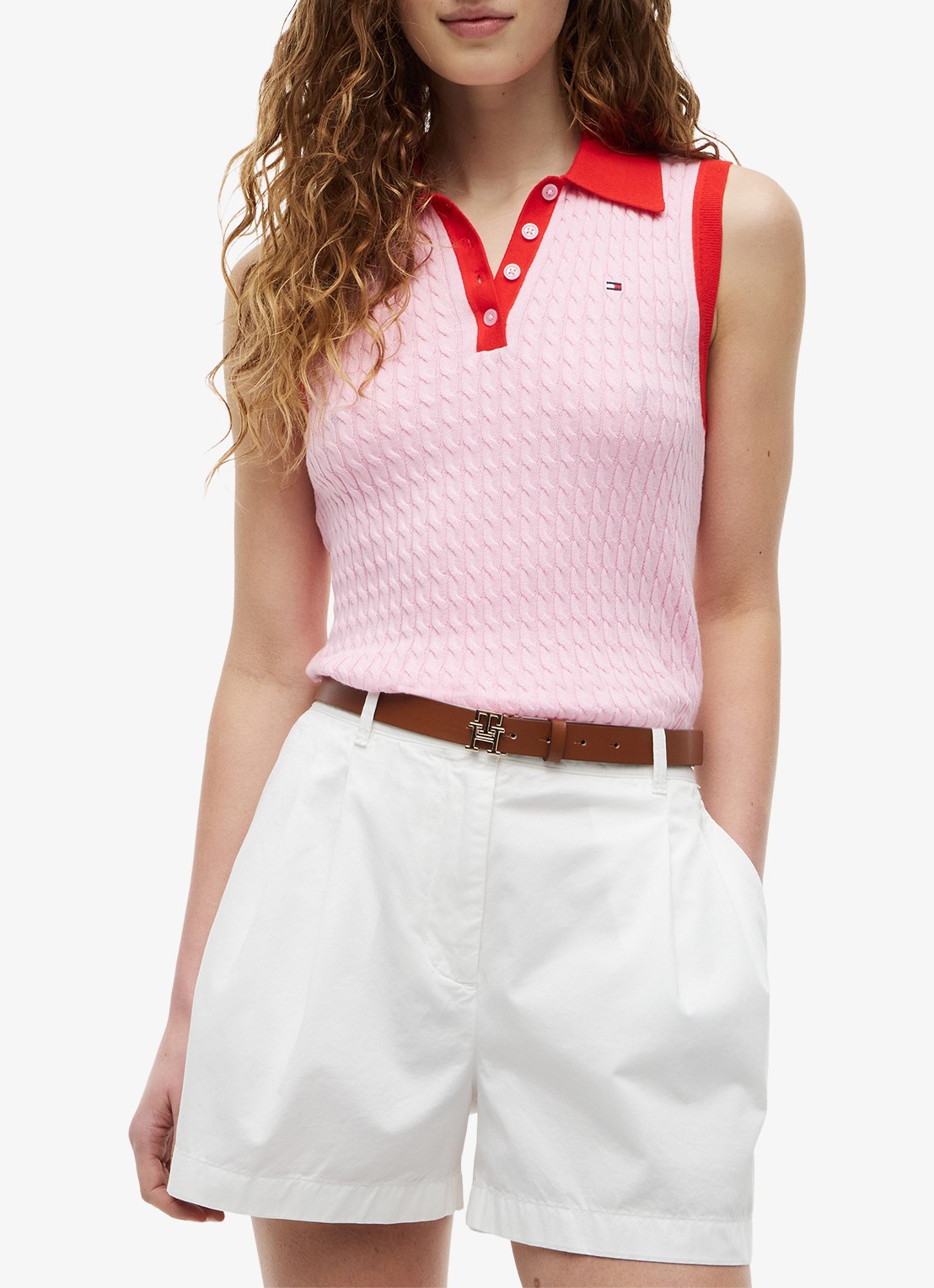 Tommy Hilfiger Kabelgebreide spencer met logo - detail roze