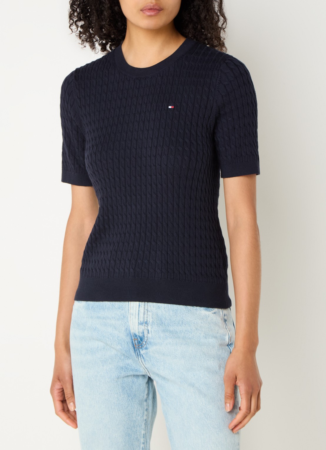 Tommy Hilfiger Kabelgebreide top met logoborduring - detail donkerblauw