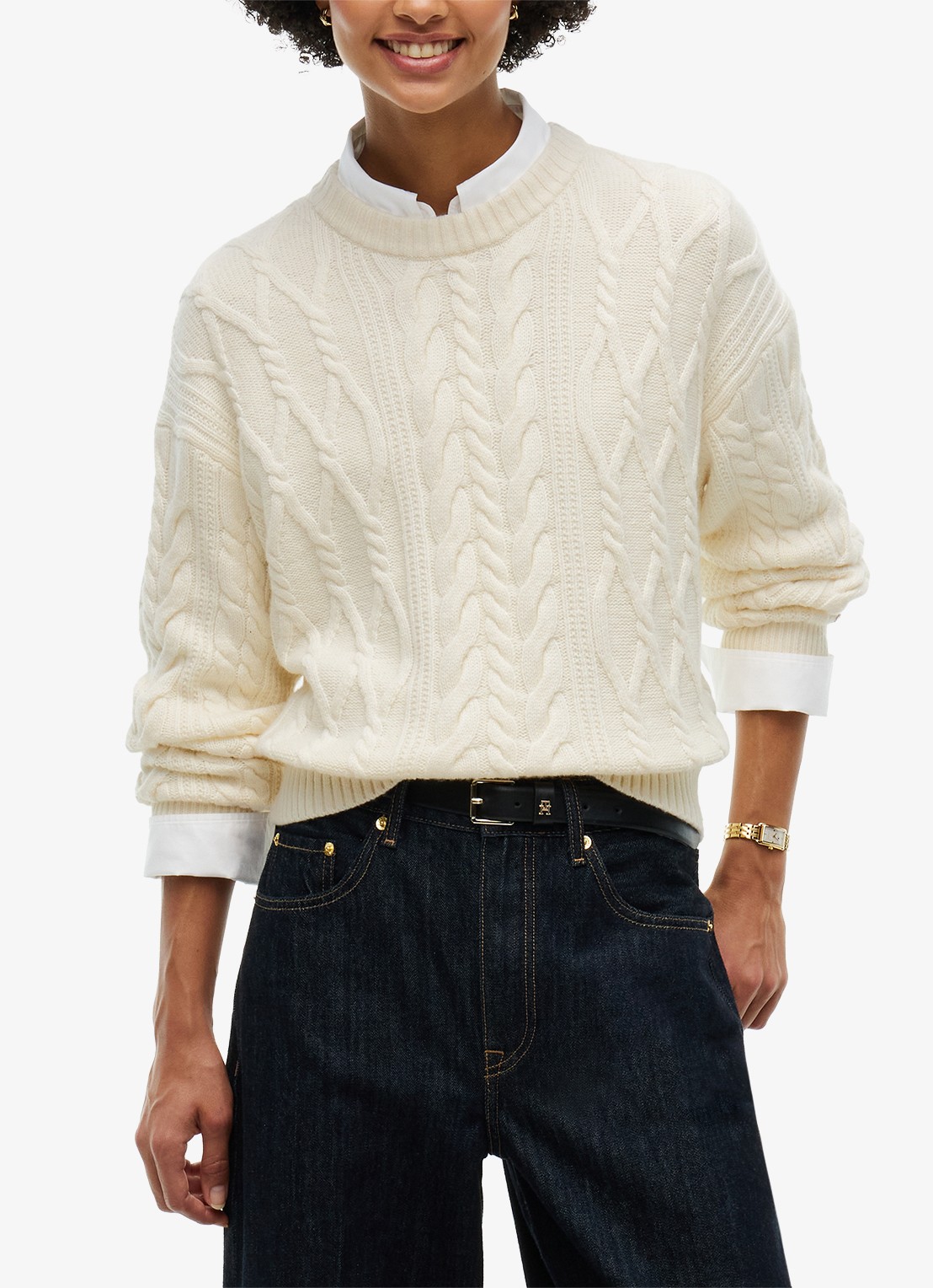 Tommy Hilfiger Kabelgebreide trui in zijdeblend  - detail 4 ivoor