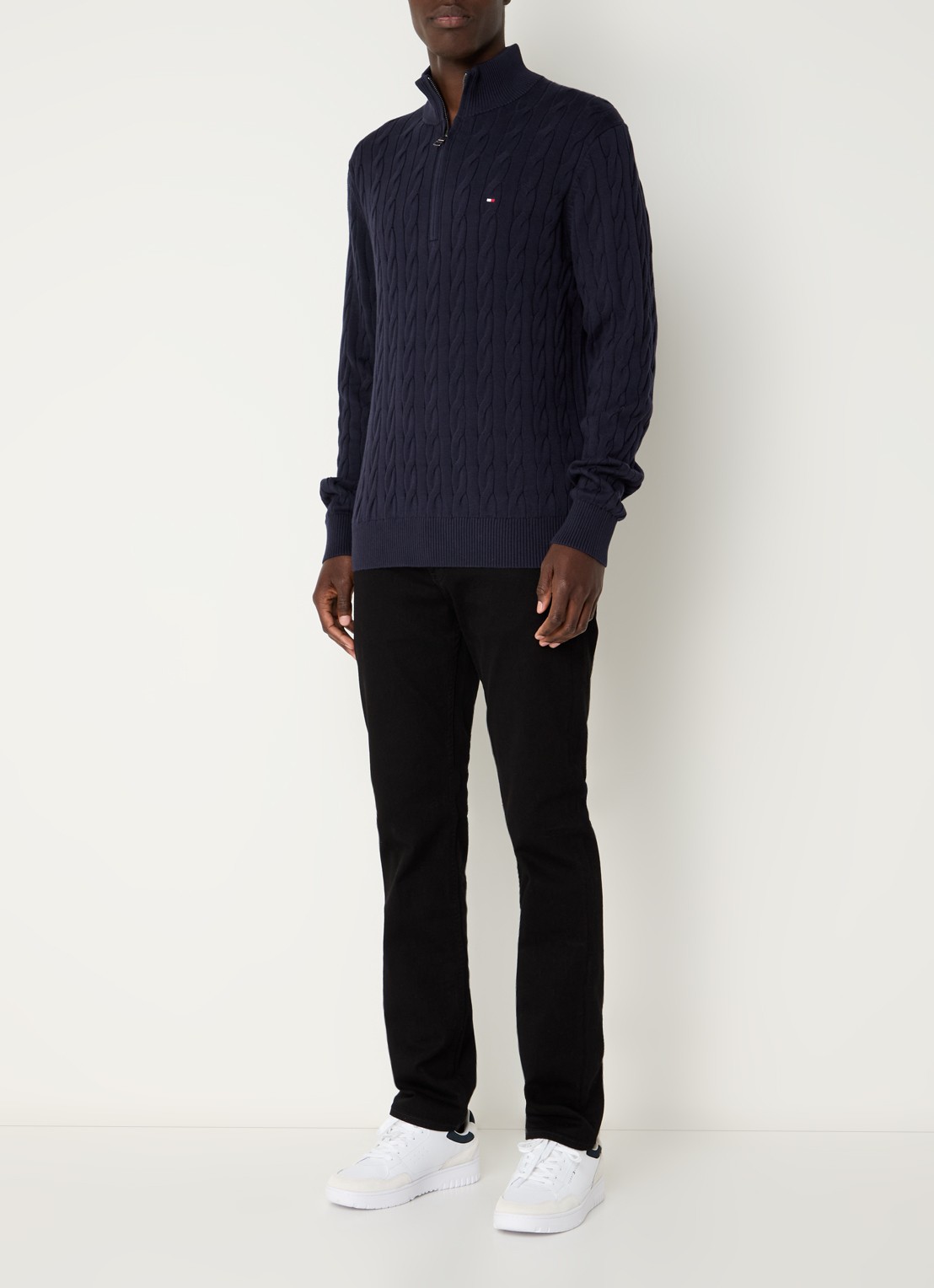 Tommy Hilfiger Kabelgebreide trui met halve rits en logo - voorkant 4 donkerblauw