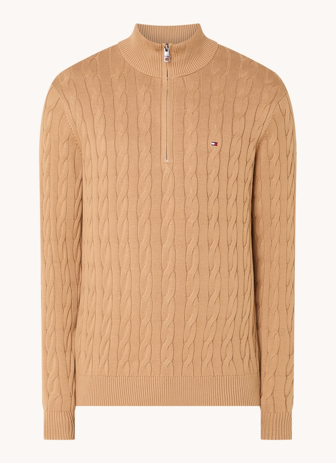 Tommy Hilfiger Kabelgebreide trui met halve rits en logo - voorkant camel