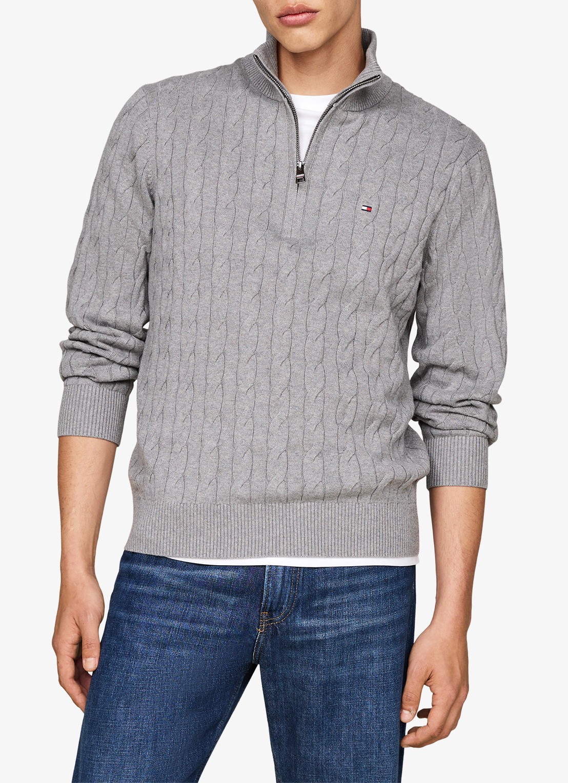 Tommy Hilfiger Kabelgebreide trui met halve rits en logo - detail 3 middengrijs