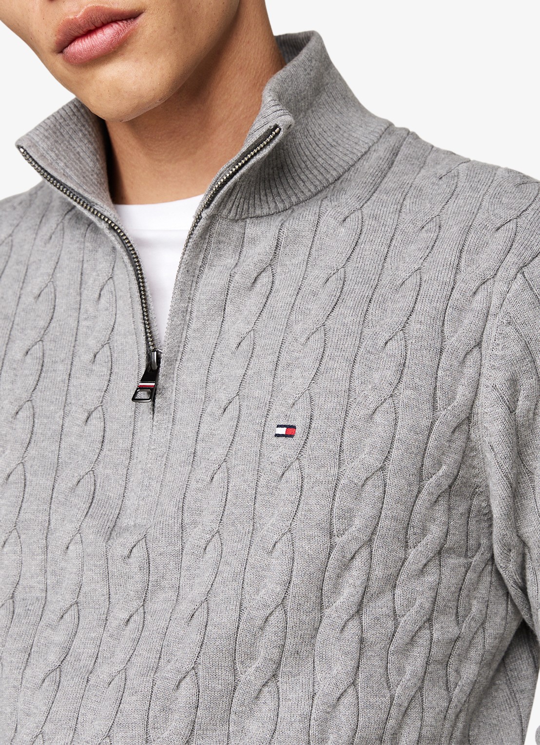 Tommy Hilfiger Kabelgebreide trui met halve rits en logo - detail 4 middengrijs