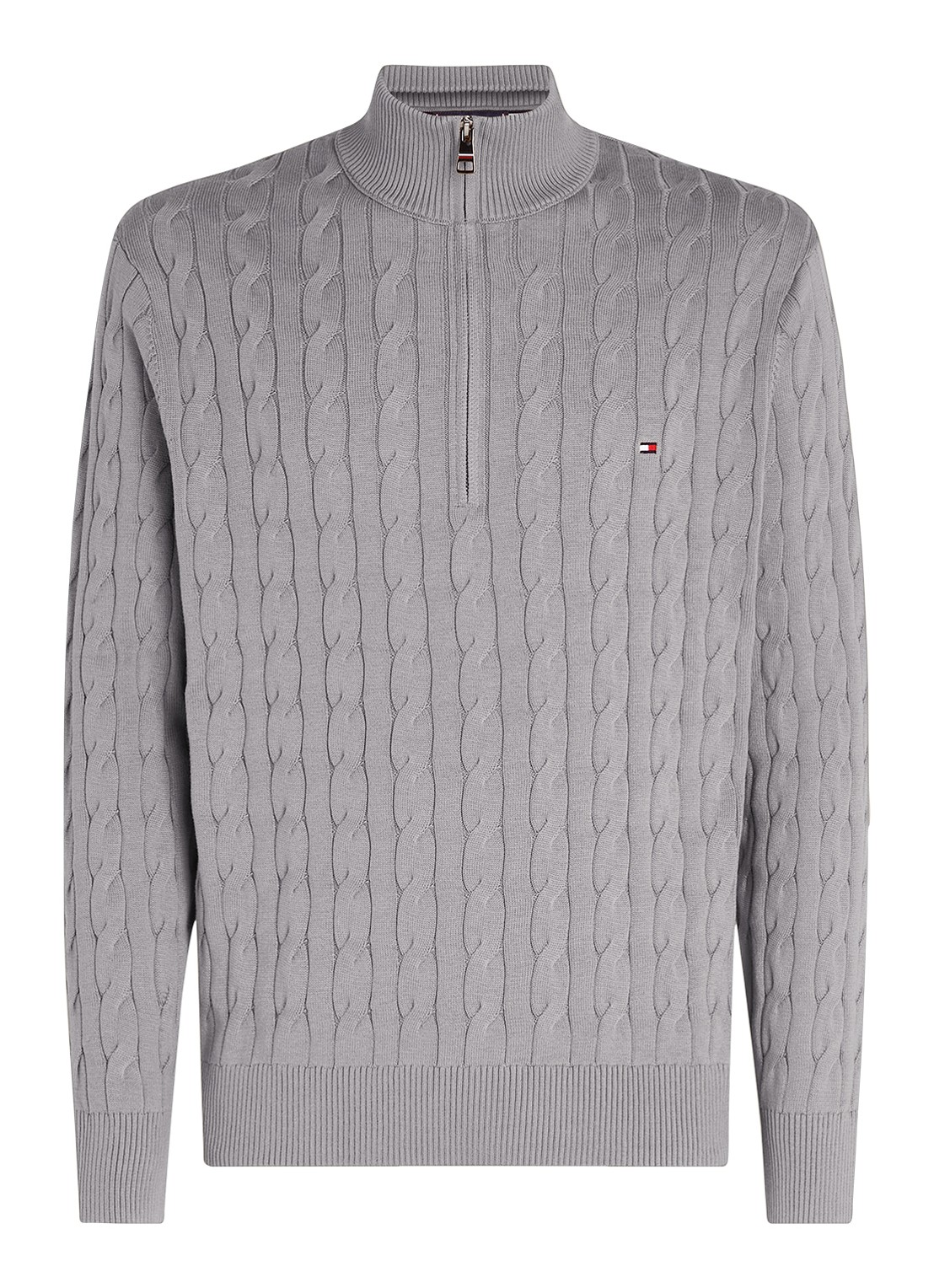 Tommy Hilfiger Kabelgebreide trui met halve rits en logo - voorkant middengrijs