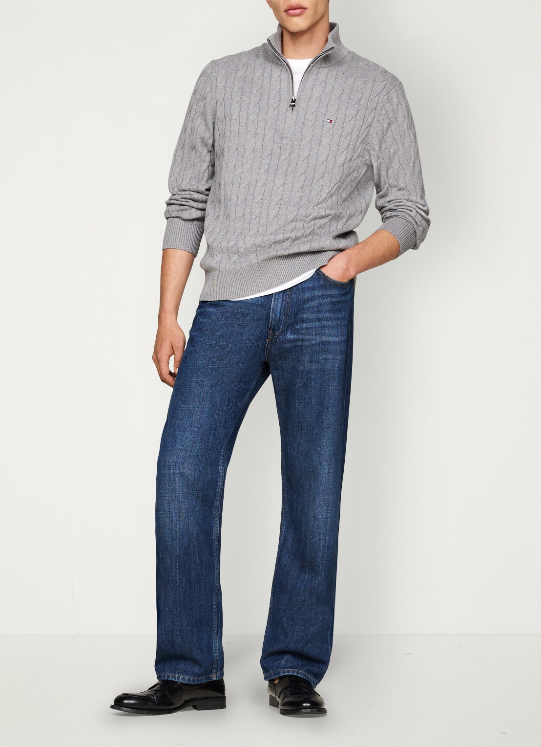 Tommy Hilfiger Kabelgebreide trui met halve rits en logo - voorkant 2 middengrijs