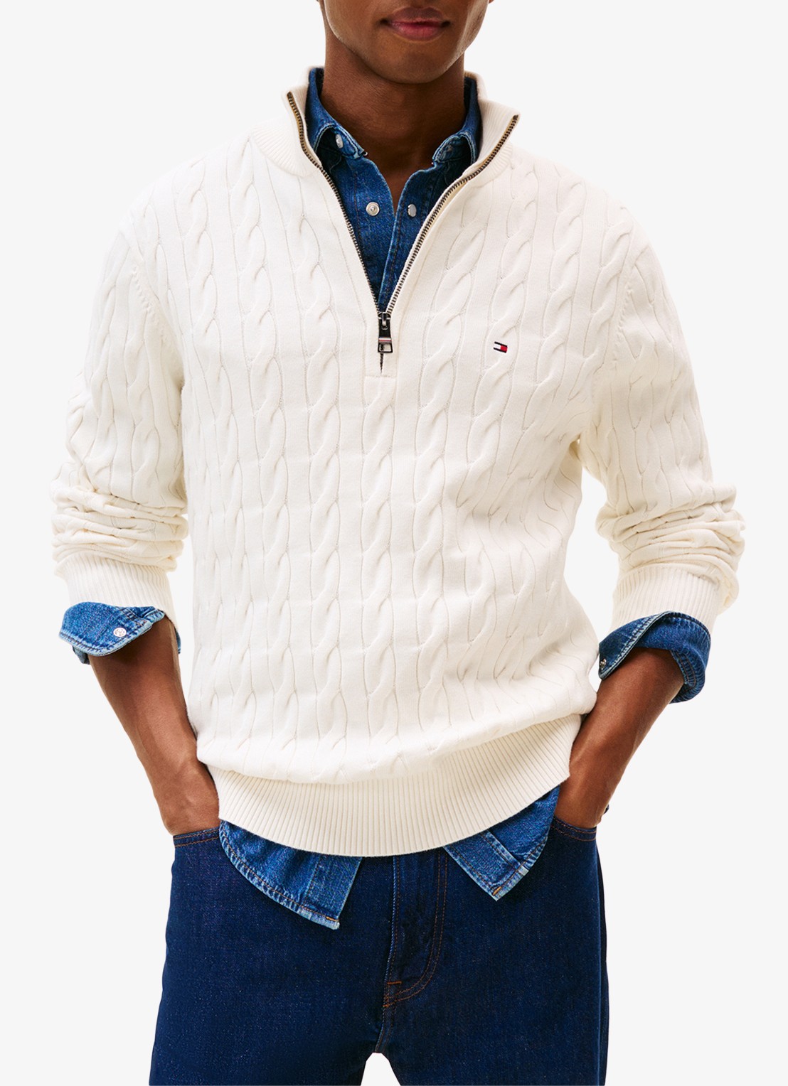 Tommy Hilfiger Kabelgebreide trui met halve rits en logo - detail 4 gebroken wit