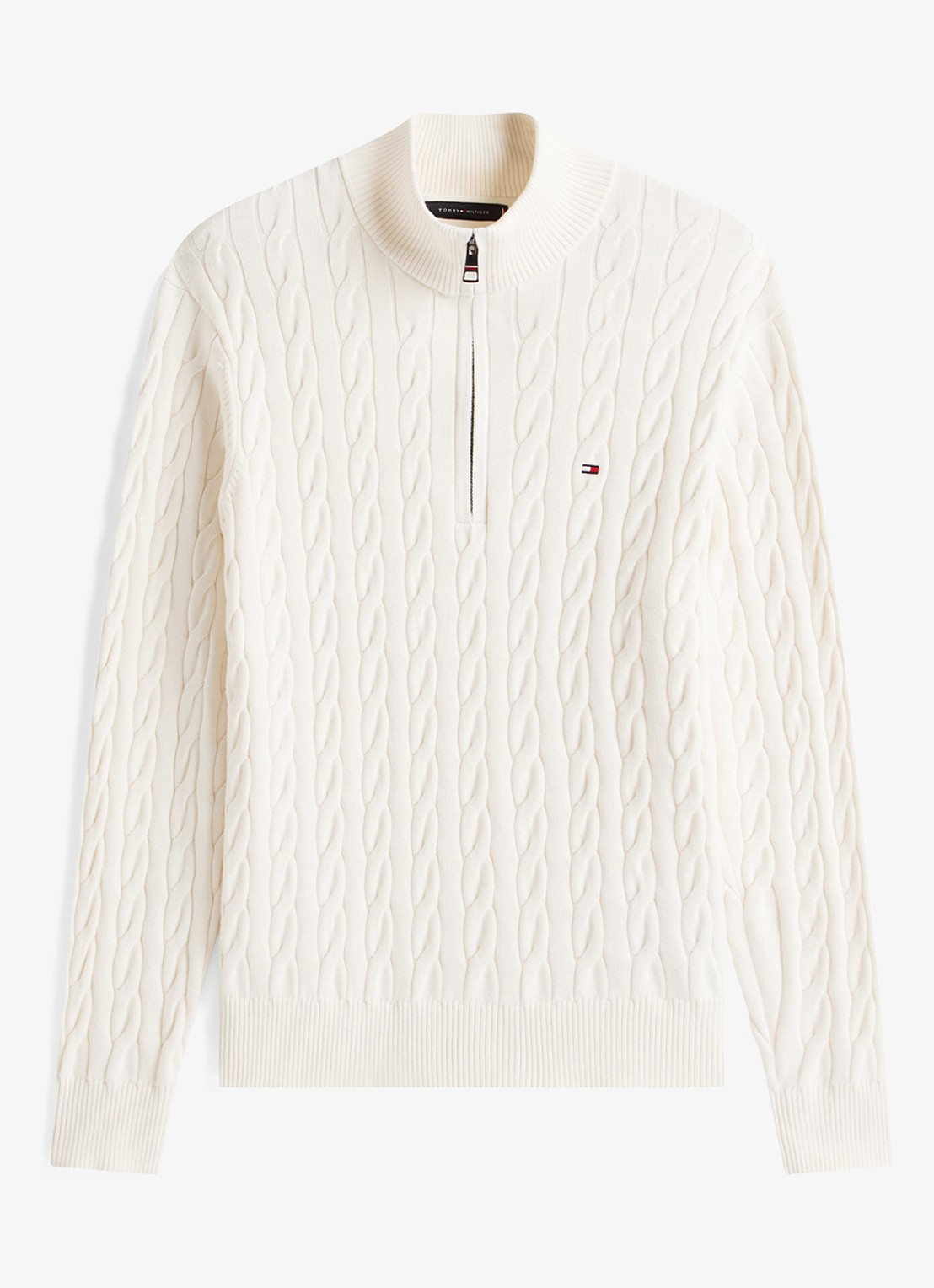 Tommy Hilfiger Kabelgebreide trui met halve rits en logo - voorkant 2 gebroken wit