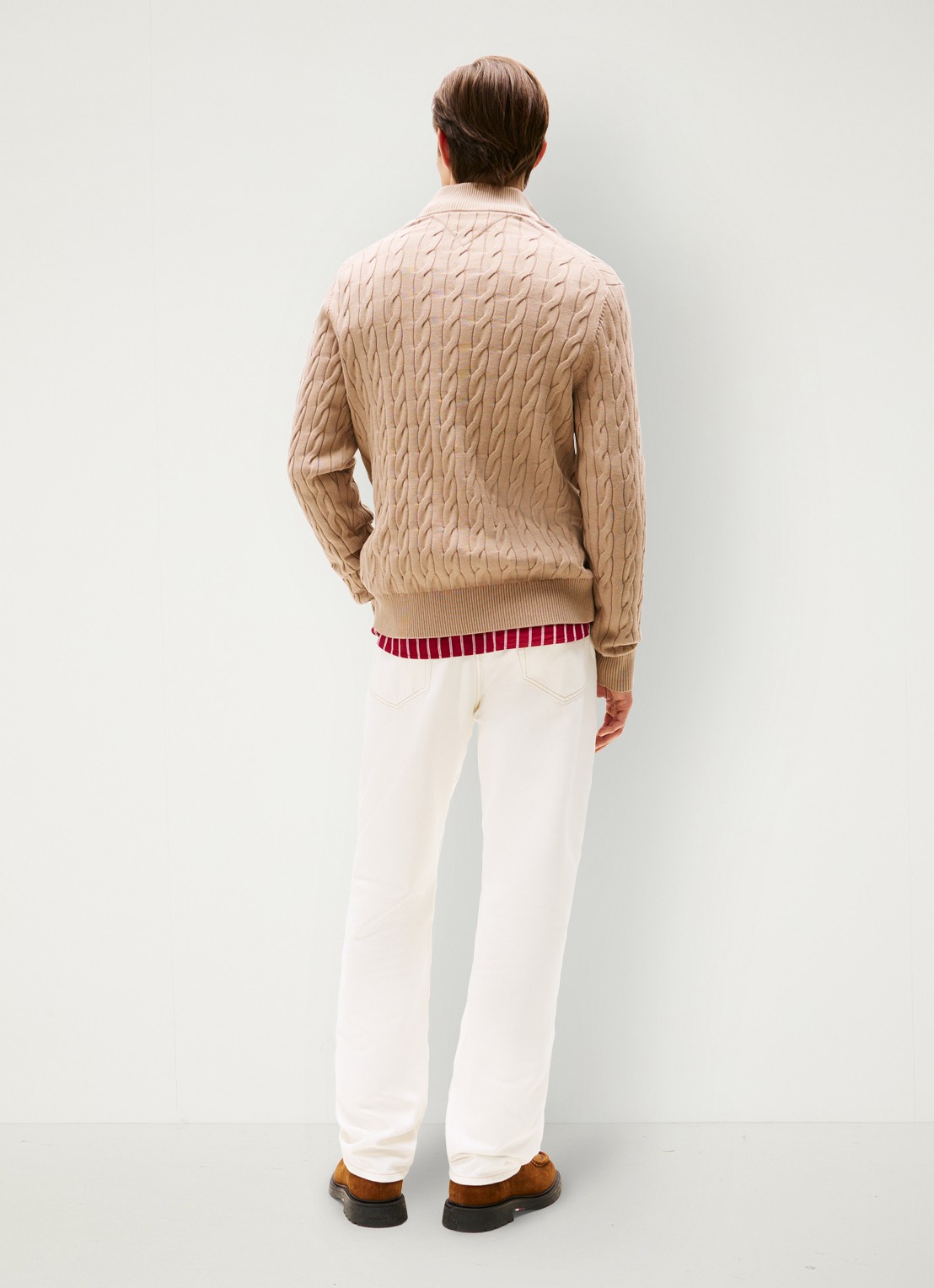 Tommy Hilfiger Kabelgebreide trui met halve rits en logo - achterkant beige