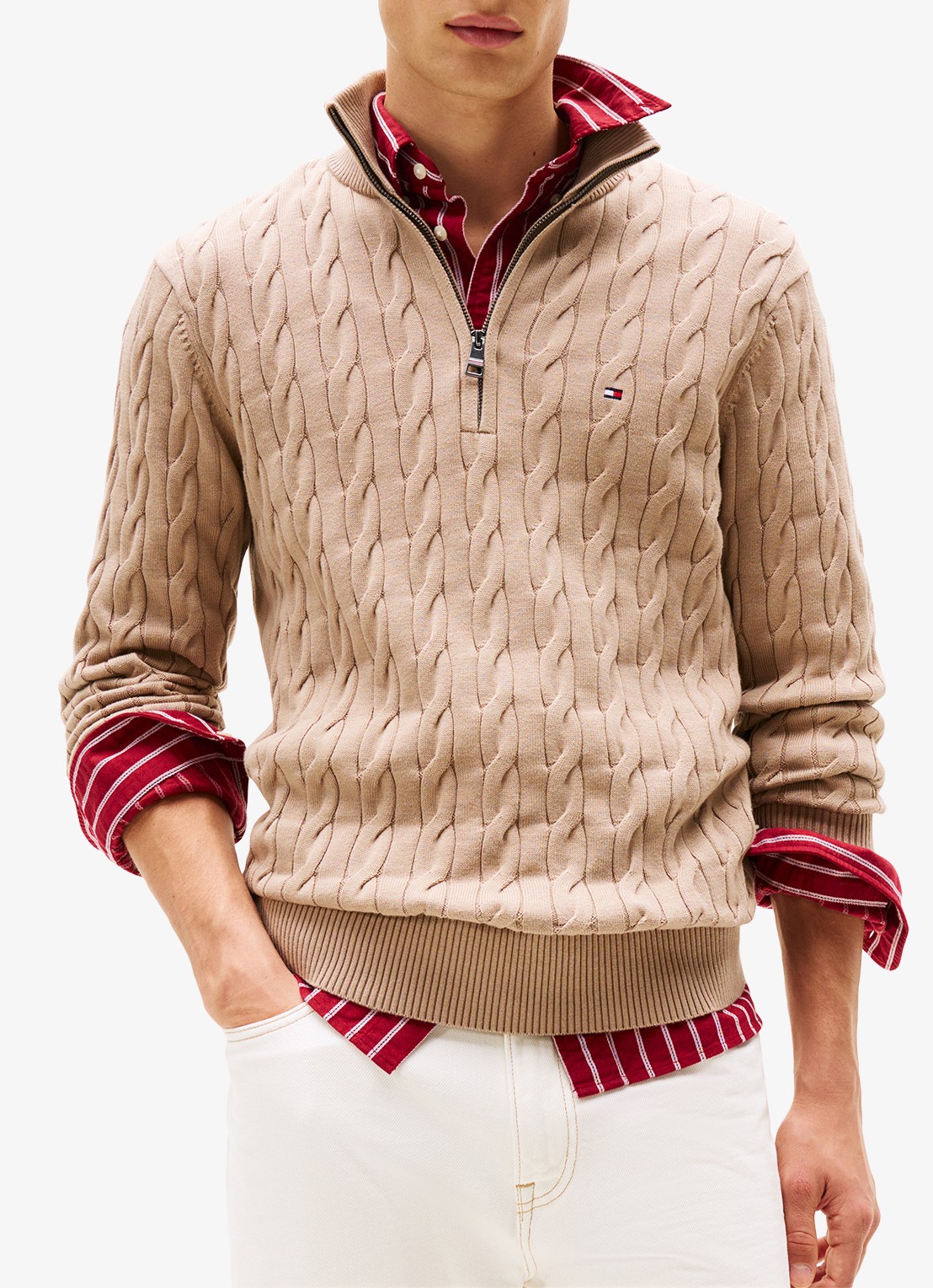Tommy Hilfiger Kabelgebreide trui met halve rits en logo - detail 4 beige