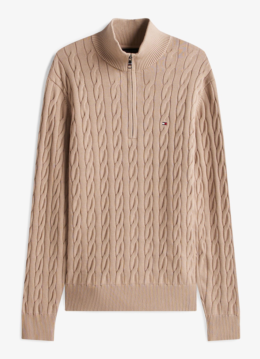 Tommy Hilfiger Kabelgebreide trui met halve rits en logo - voorkant 2 beige