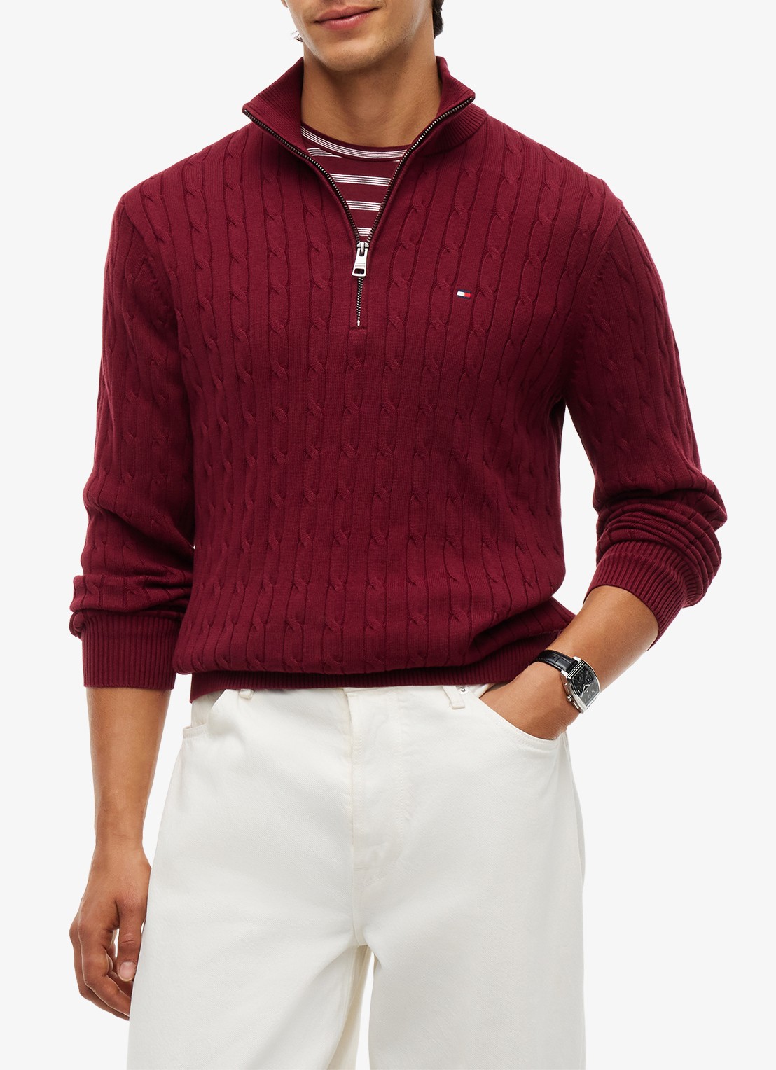 Tommy Hilfiger Kabelgebreide trui met halve rits en logo - detail burgundy-vlp