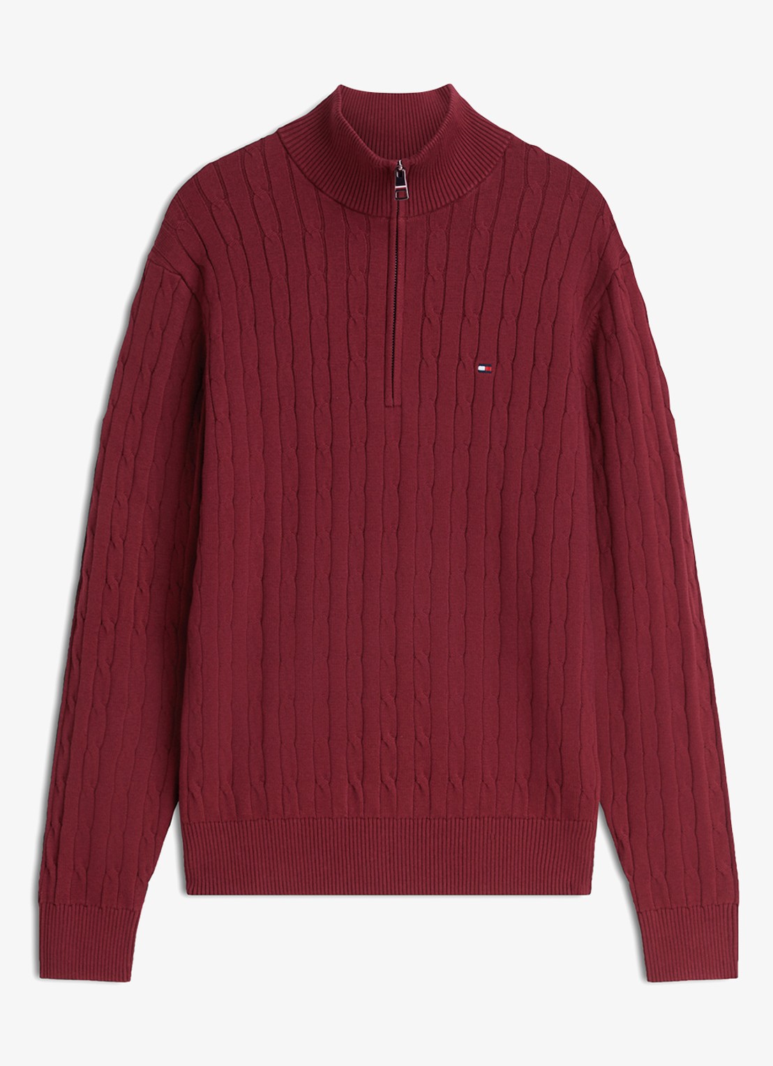 Tommy Hilfiger Kabelgebreide trui met halve rits en logo - voorkant 4 burgundy-vlp